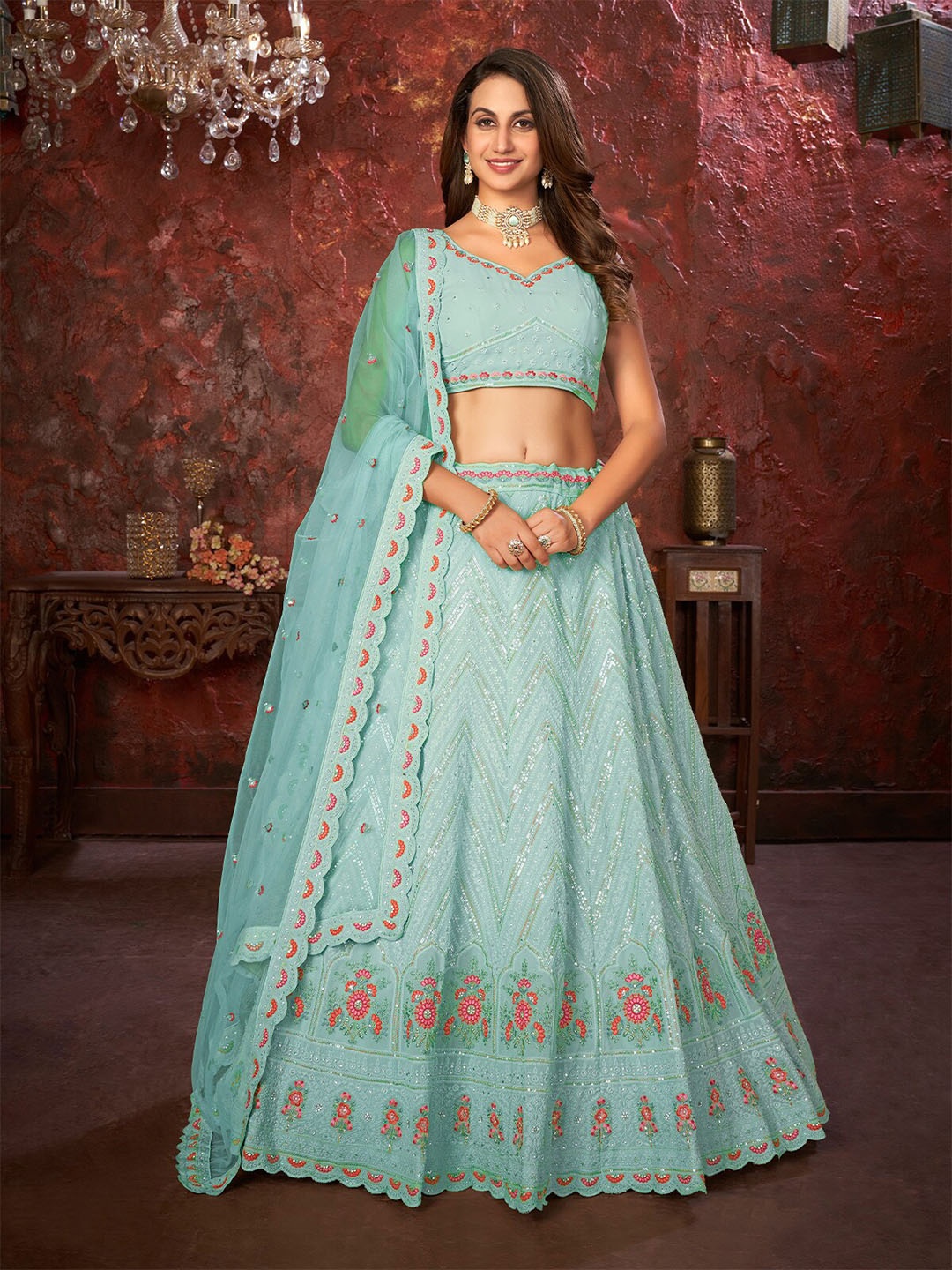 

ODETTE Embellished Sequinned Semi-Stitched Lehenga & Unstitched Blouse With Dupatta, Blue