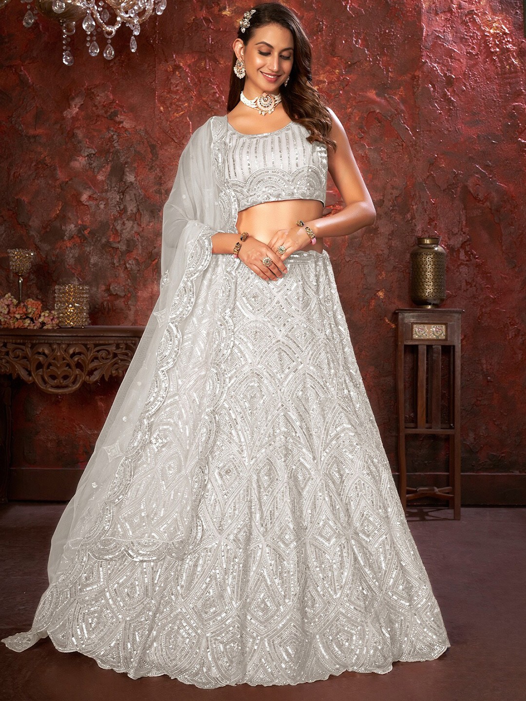 

ODETTE Embellished Net Semi Stitched Lehenga & Unstitched Blouse With Dupatta, White