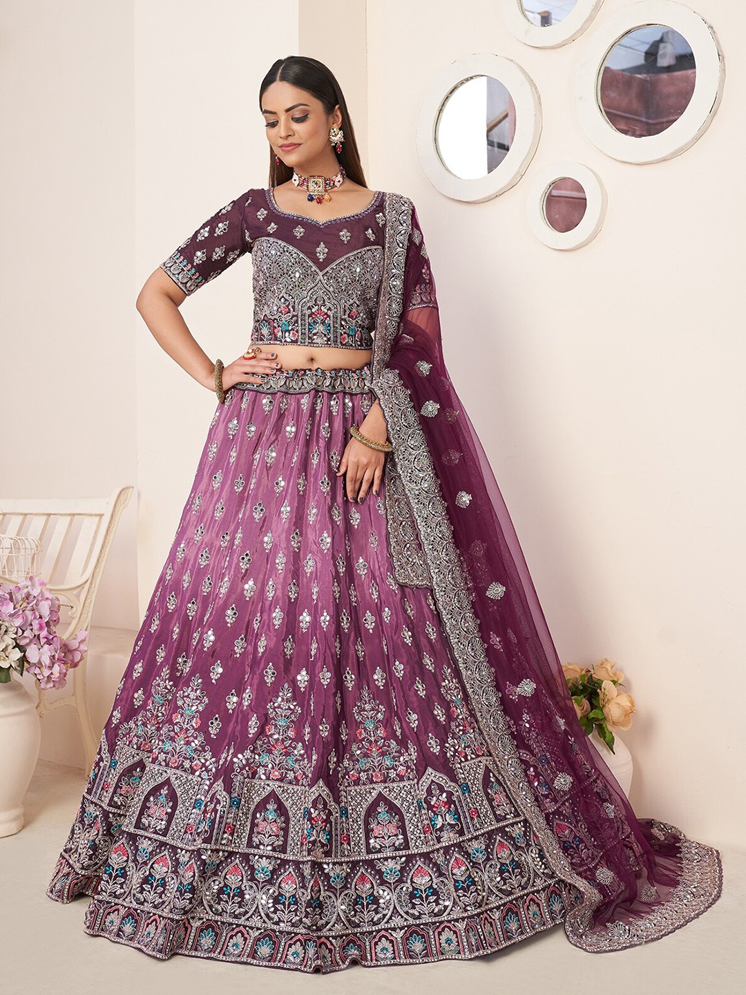 

ODETTE Embroidered Sequinned Semi-Stitched Lehenga & Unstitched Blouse With Dupatta, Violet