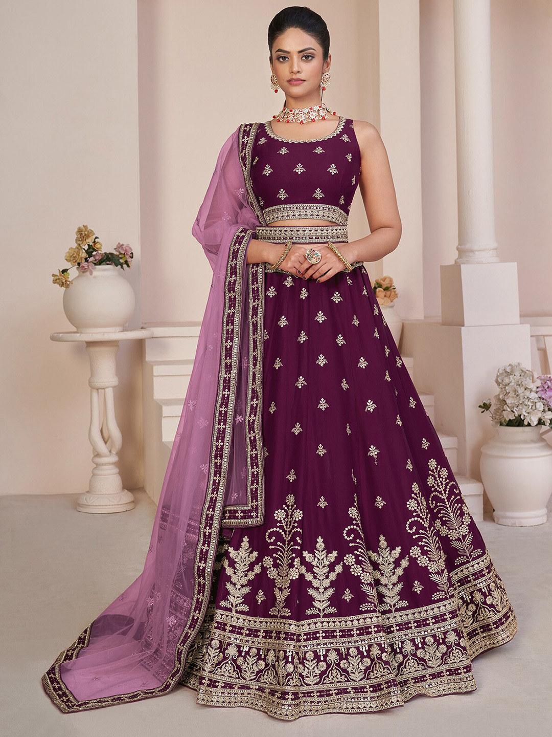 

ODETTE Embroidered Thread Work Semi-Stitched Lehenga & Unstitched Blouse With Dupatta, Violet