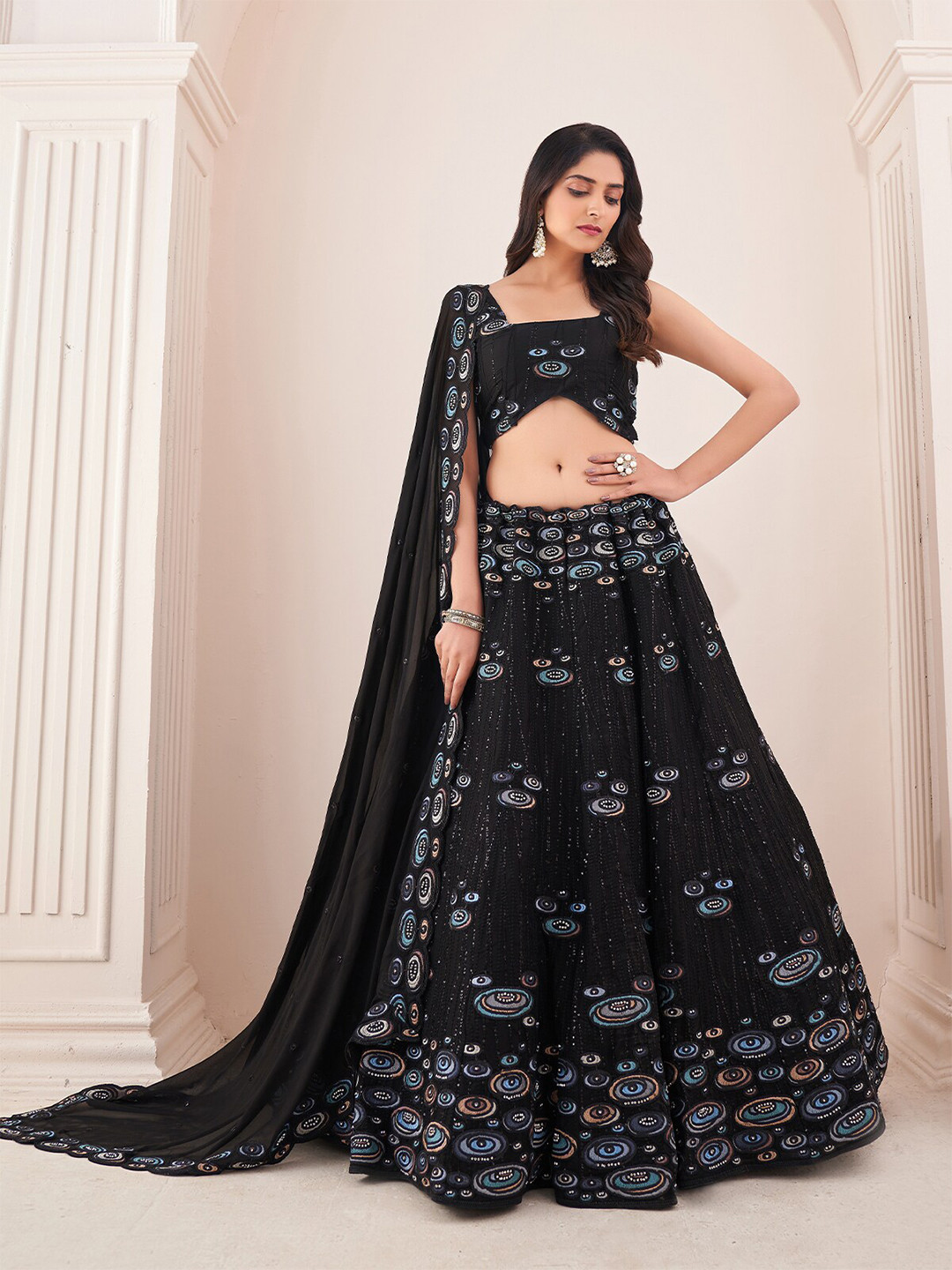 

ODETTE Embroidered Sequinned Semi-Stitched Lehenga & Unstitched Blouse With Dupatta, Black