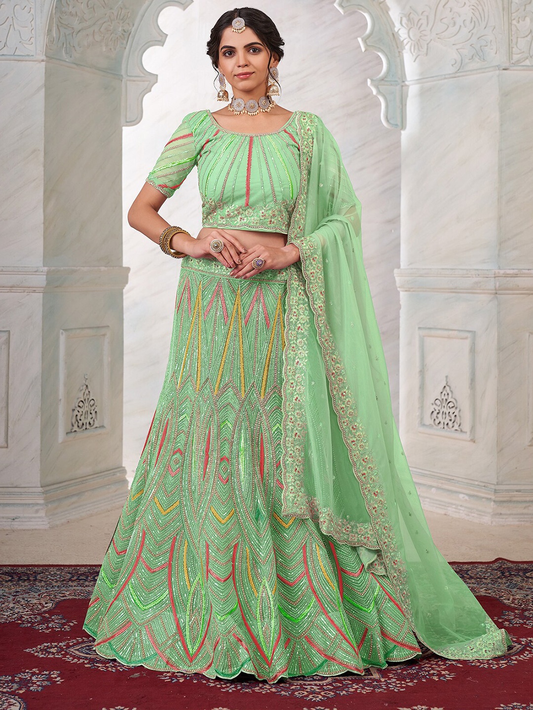 

ODETTE Embroidered Net Semi Stitched Lehenga & Unstitched Blouse With Dupatta, Green