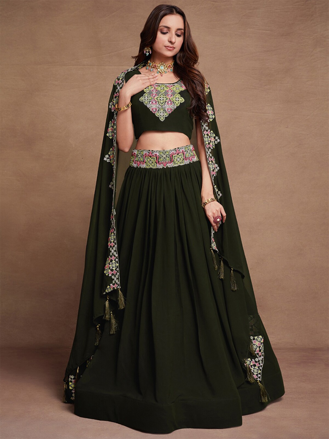 

ODETTE Embroidered Semi-Stitched Lehenga & Unstitched Blouse With Dupatta, Green