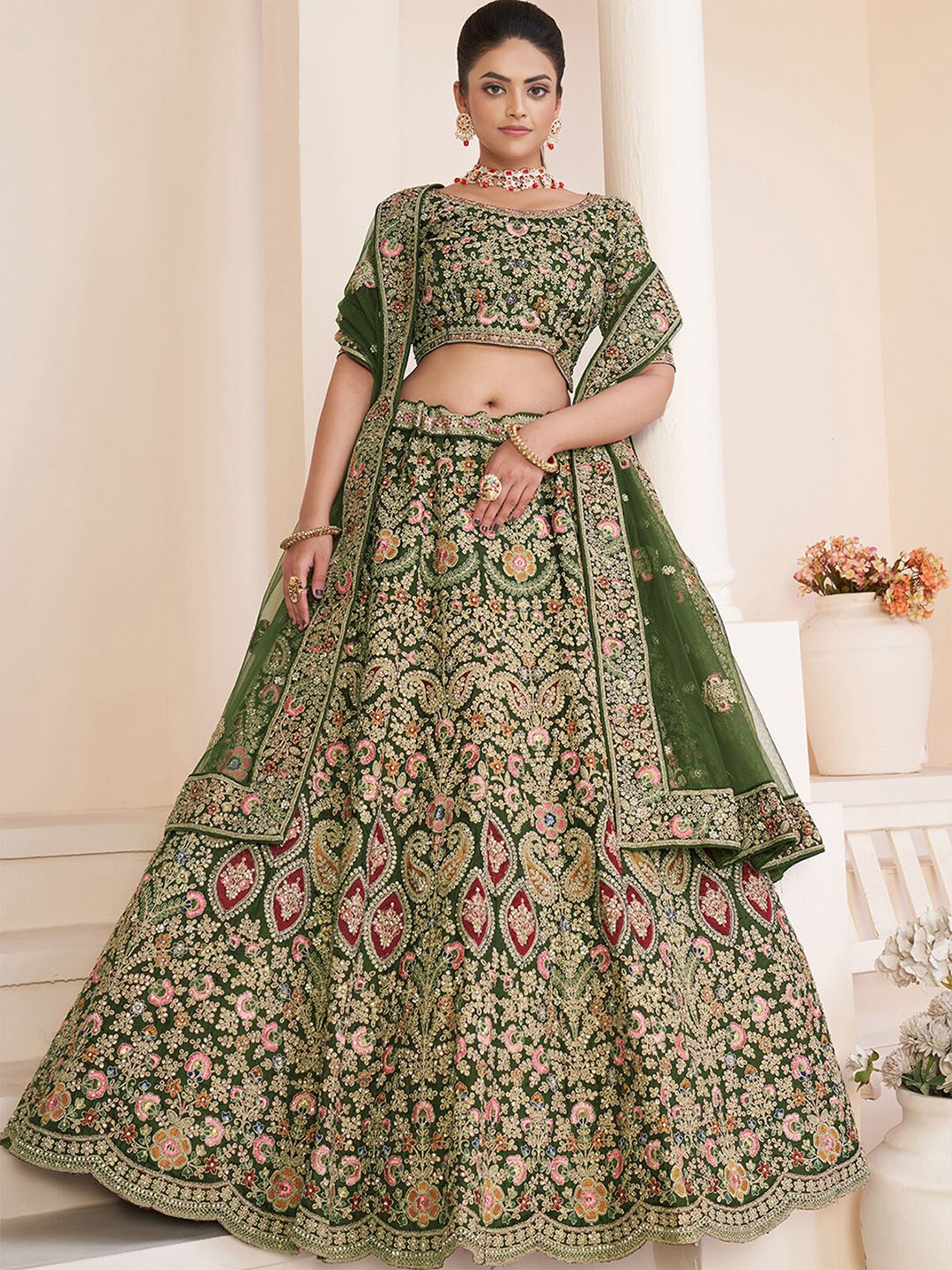

ODETTE Embroidered Semi-Stitched Lehenga & Unstitched Blouse With Dupatta, Green