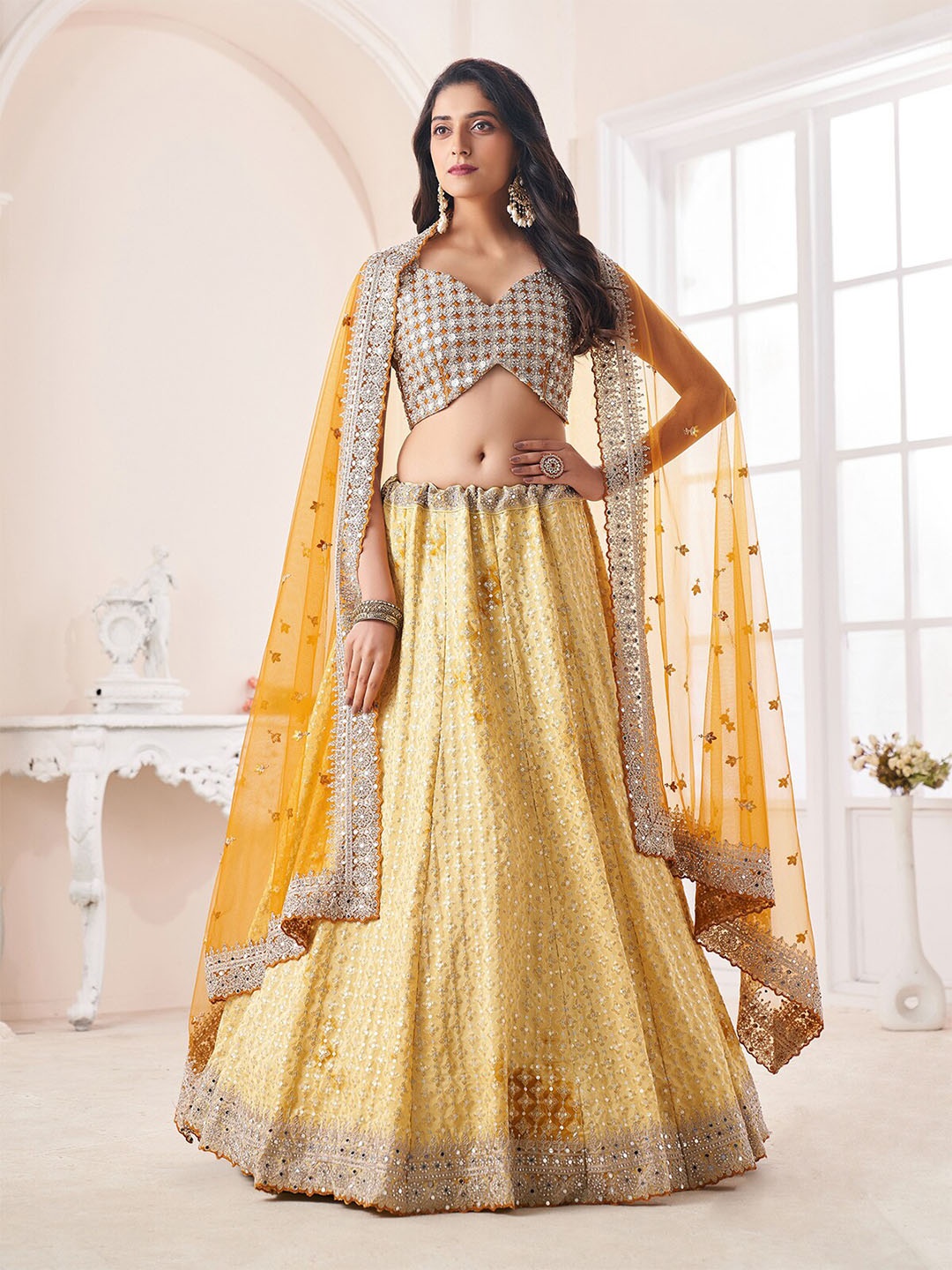 

ODETTE Embroidered Sequined Semi-Stitched Lehenga & Unstitched Blouse With Dupatta, Yellow