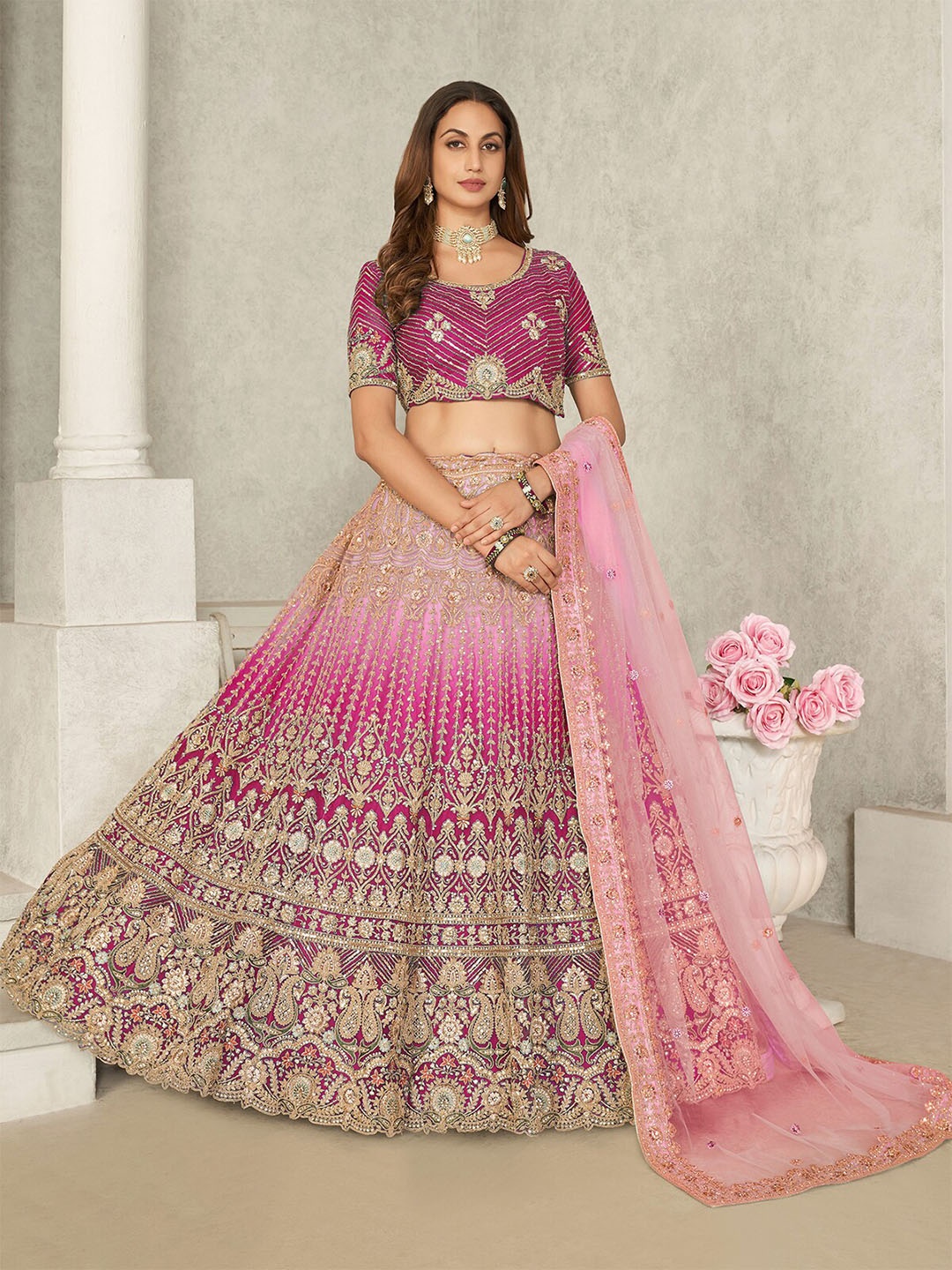 

ODETTE Embellished Sequinned Net Semi-Stitched Lehenga & Unstitched Blouse With Dupatta, Pink