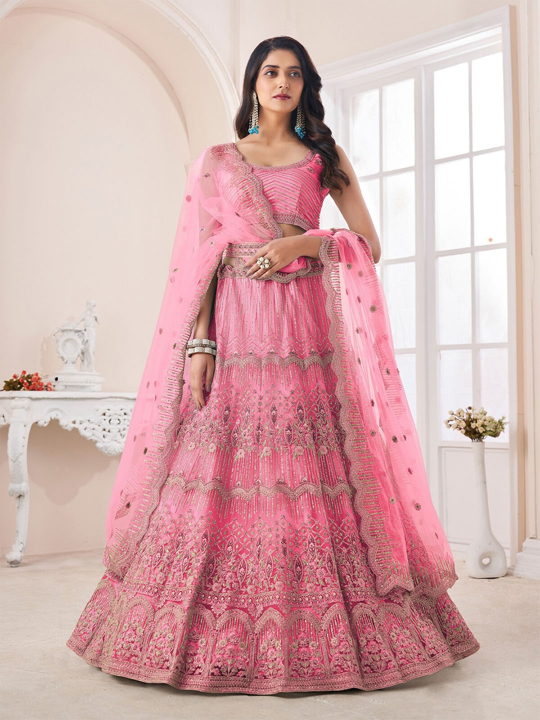 

ODETTE Embroidered Semi-Stitched Lehenga & Unstitched Blouse With Dupatta, Peach
