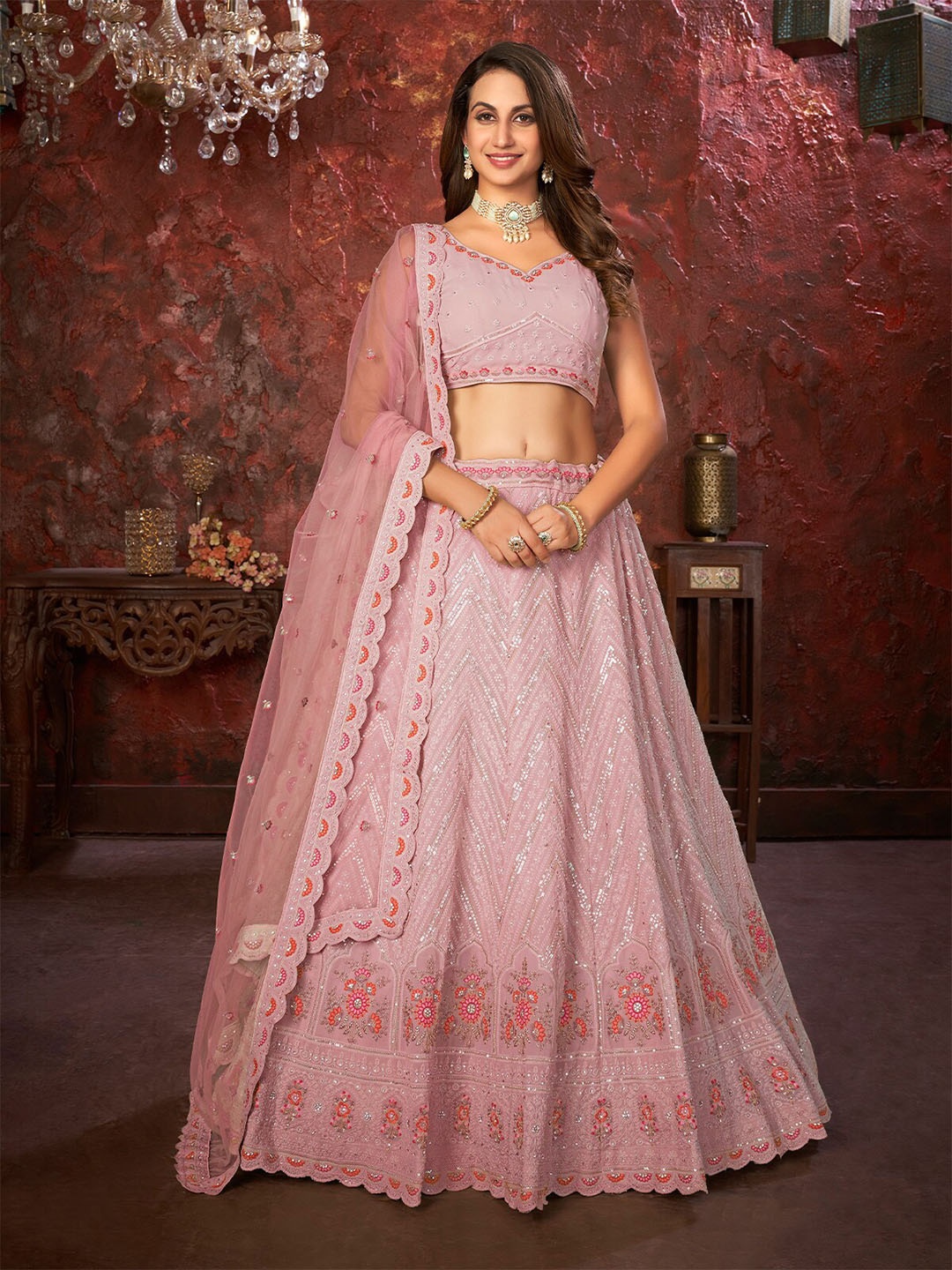 

ODETTE Embellished Semi-Stitched Lehenga & Unstitched Blouse With Dupatta, Pink