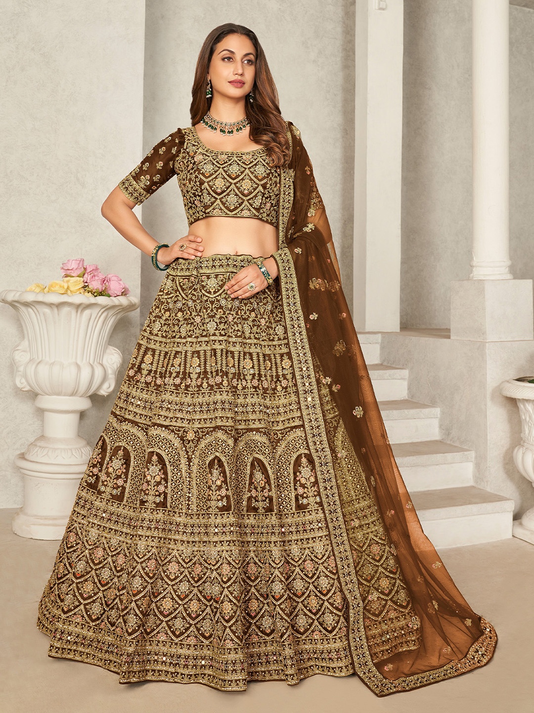 

ODETTE Embroidered Semi-Stitched Lehenga & Unstitched Blouse With Dupatta, Brown