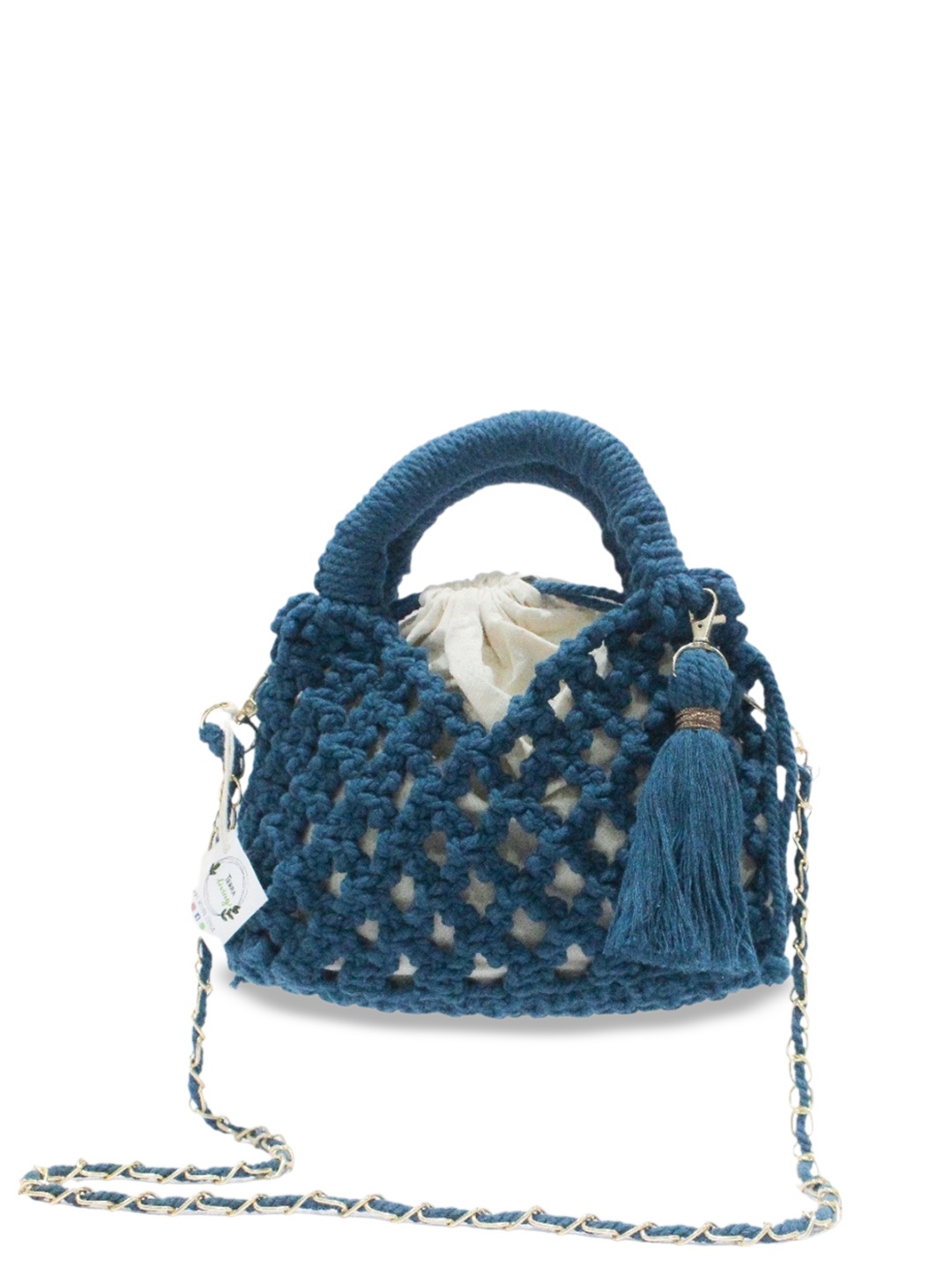 

Terra Living Self Design Structured Pure Cotton Handheld Bag With Tasselled, Blue