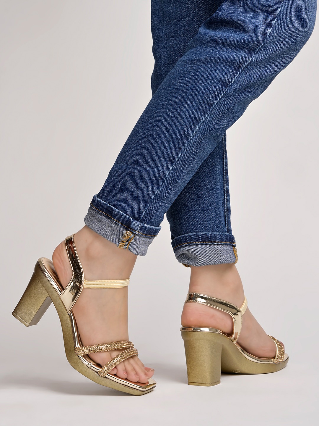 

Shoetopia Embellished Open Toe Block Heels, Gold