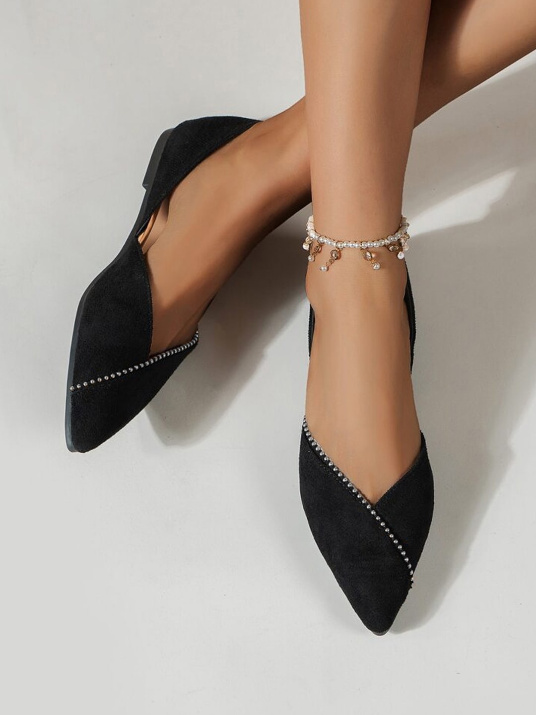 

Shoetopia Embellished Pointed Toe Suede Ballerinas, Black