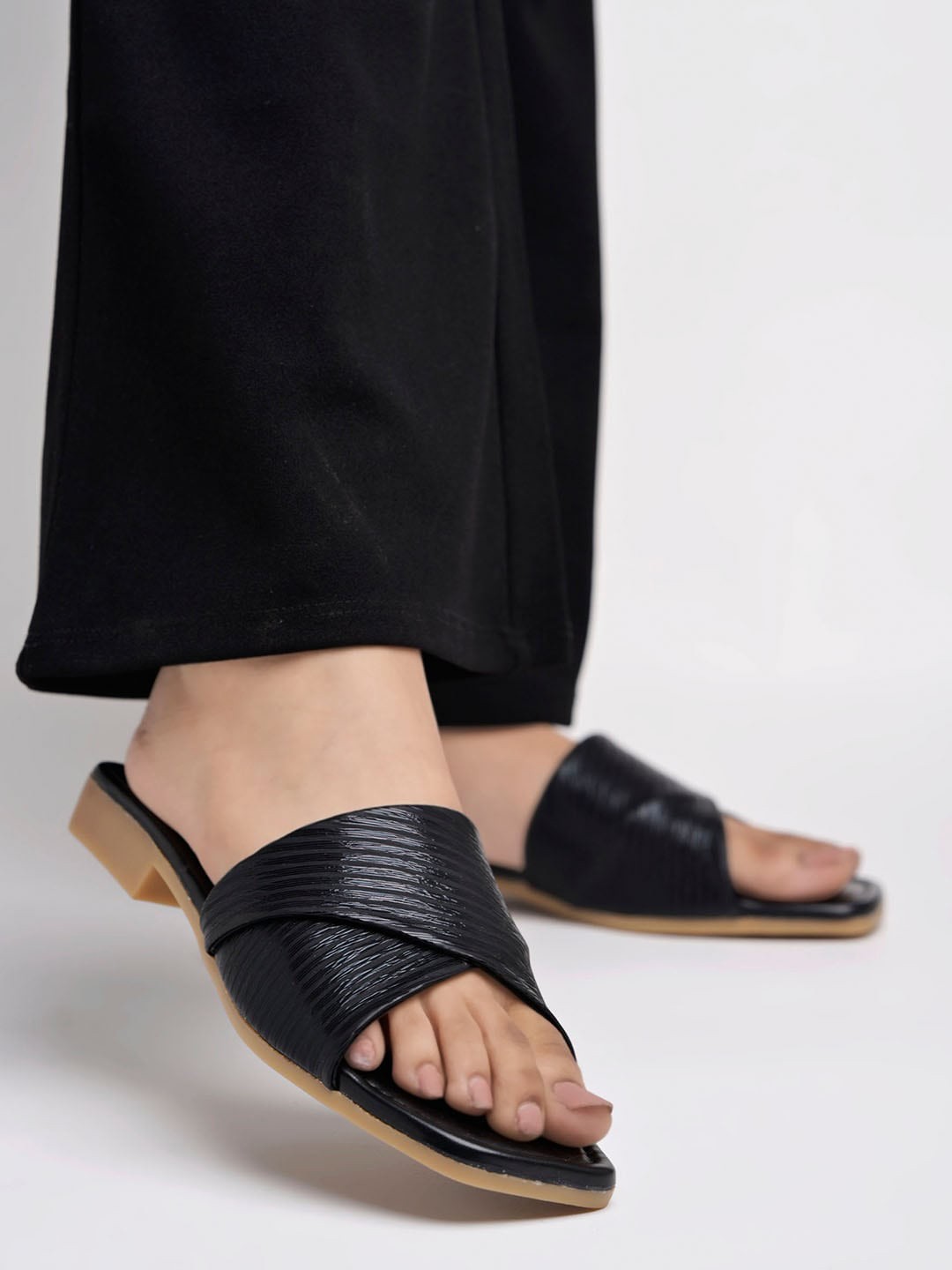 

Shoetopia Textured Open Toe Flats, Black