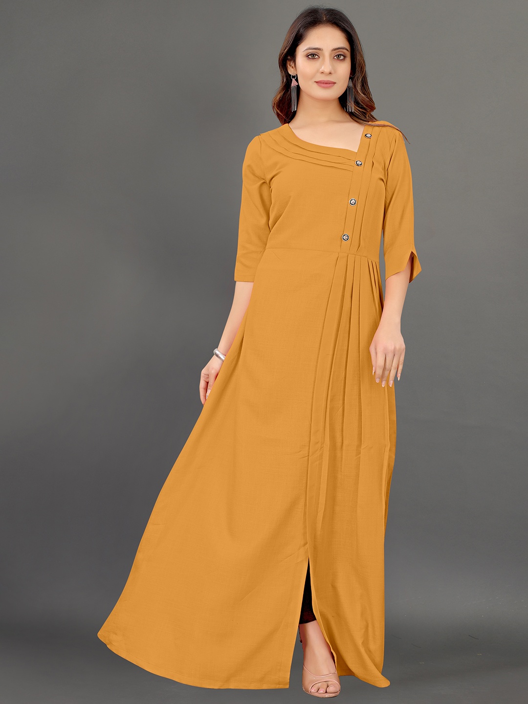 

KHUSHI CREATION V-Neck A-Line Cotton Kurta, Mustard
