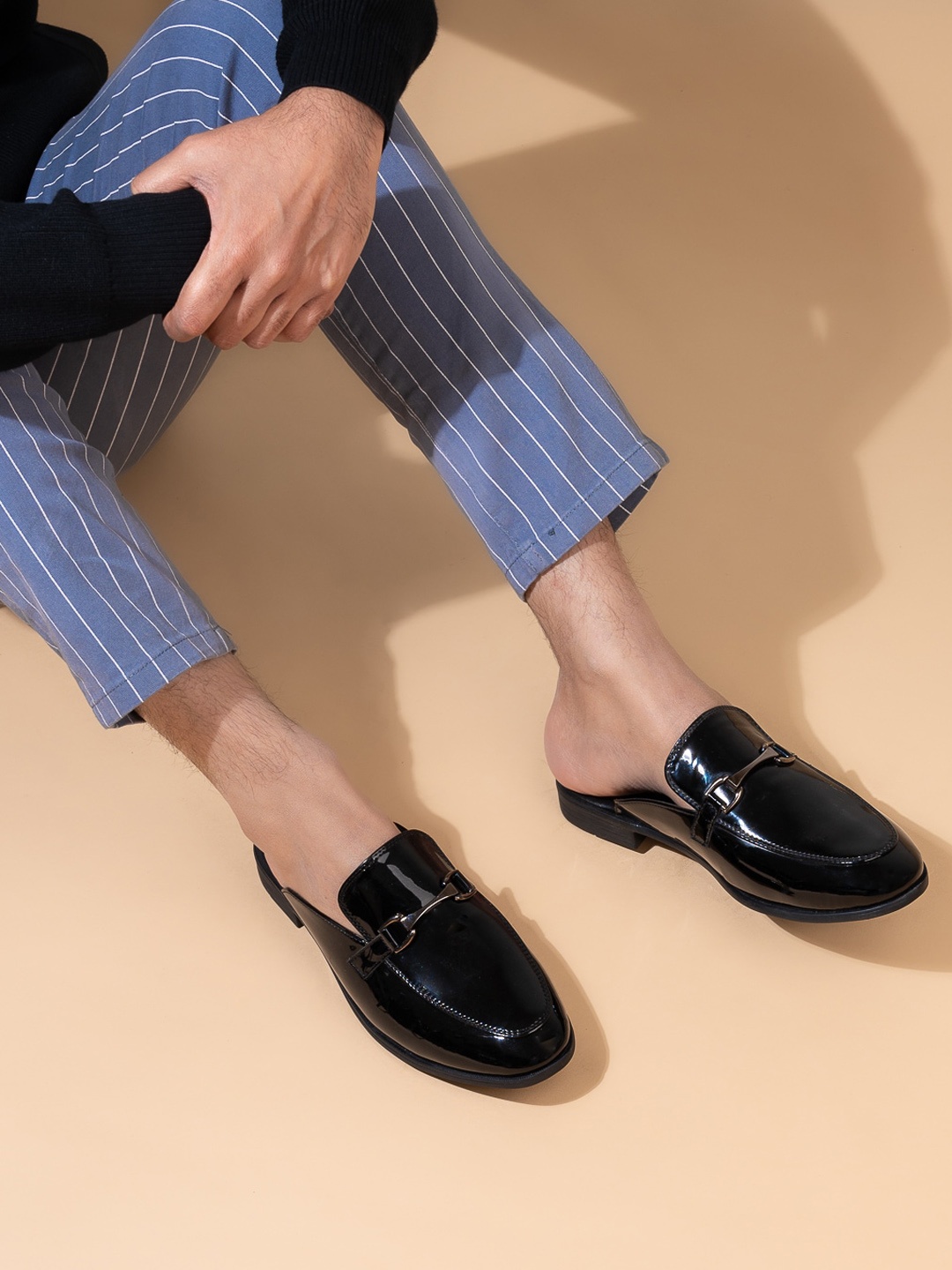 

Styli Men Metal Trim Patent Mules, Black