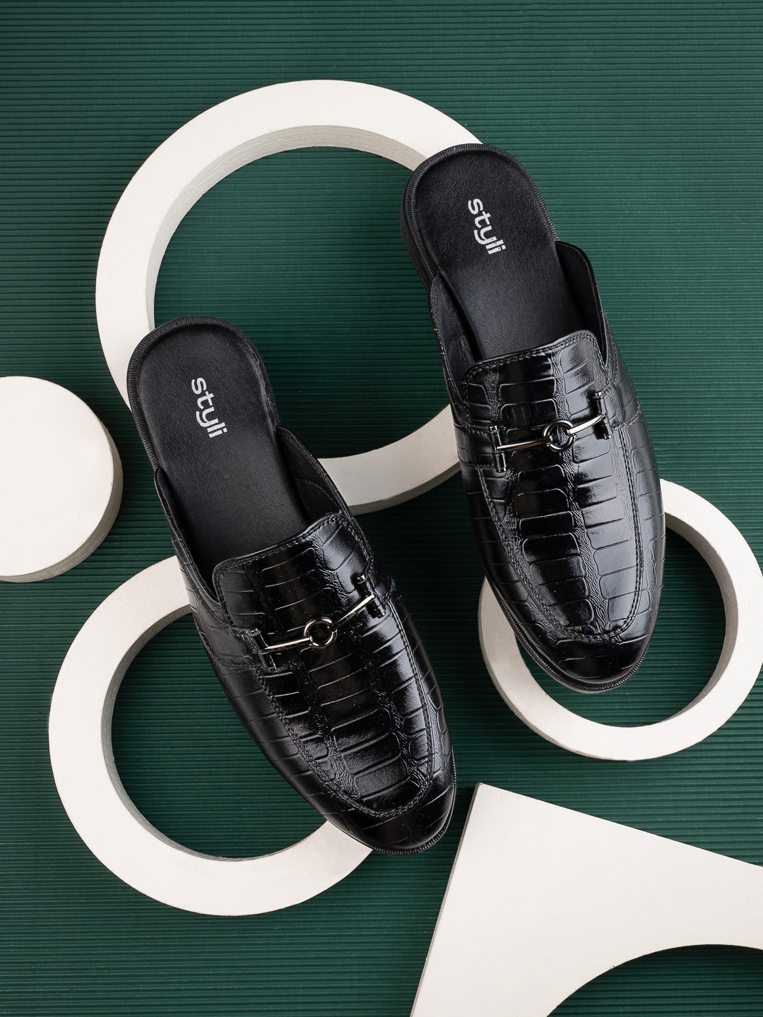 

Styli Men Croc PU Leather Metal Trim Mules, Black