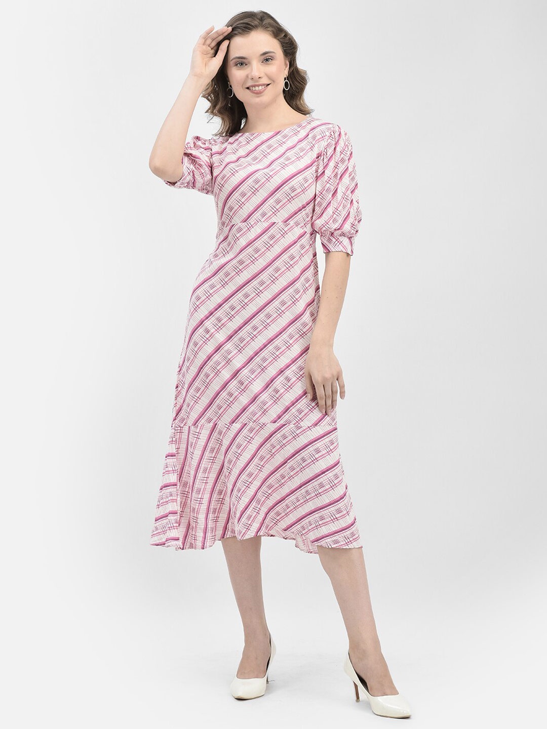 

Crimsoune Club Striped Puff Sleeves A-Line Midi Dress, Pink