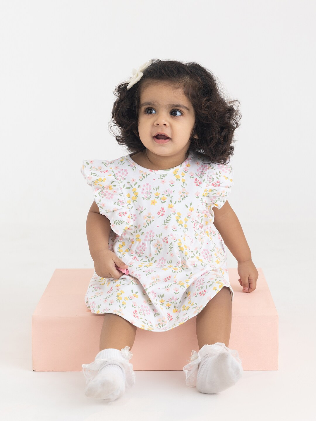

haus & kinder Infant Girls Floral Printe Flutter Sleeve Pure Cotton A-Line Dress, White