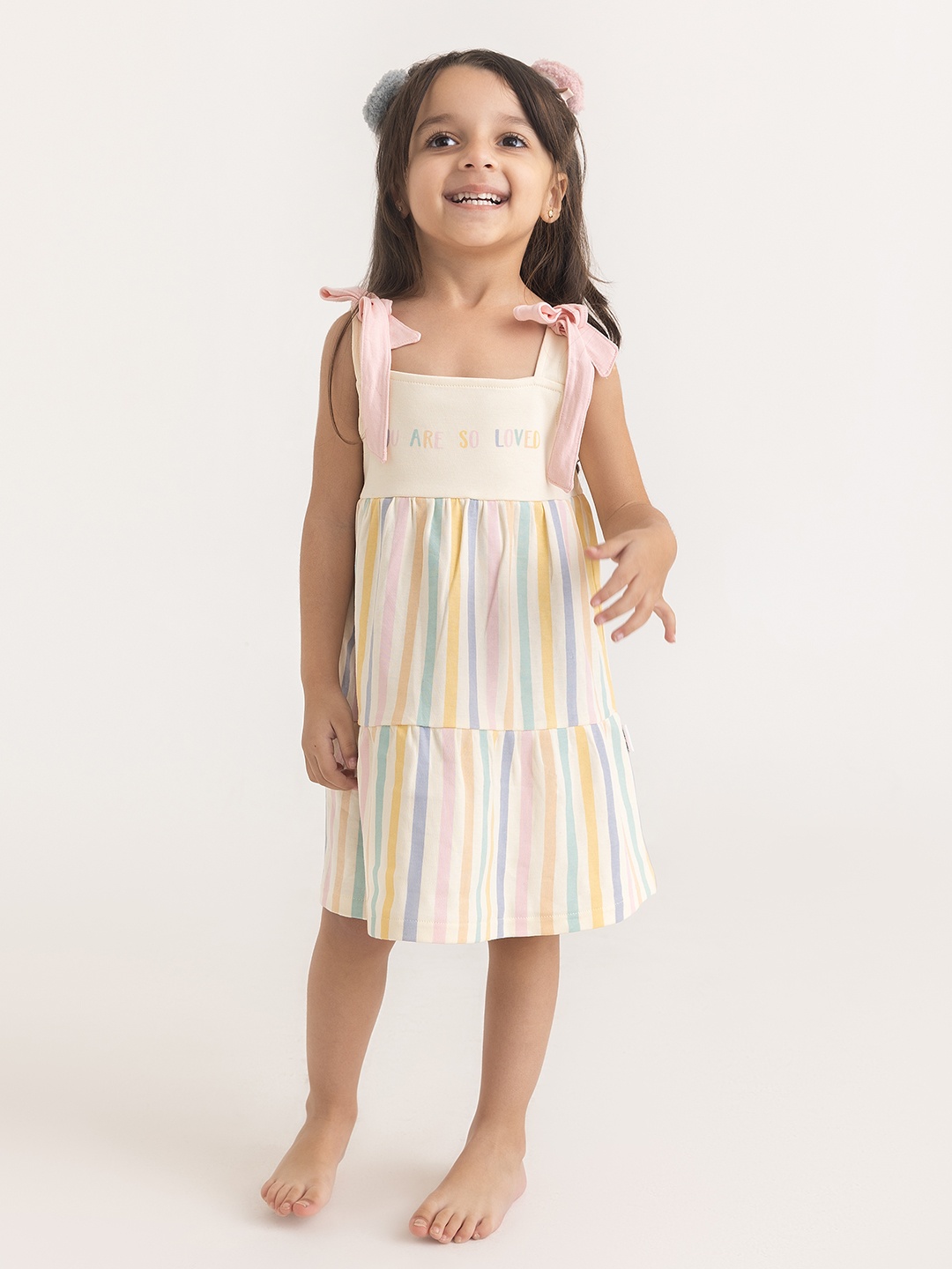 

haus & kinder Girls Striped Shoulder Straps Cotton A-Line Dress, Off white
