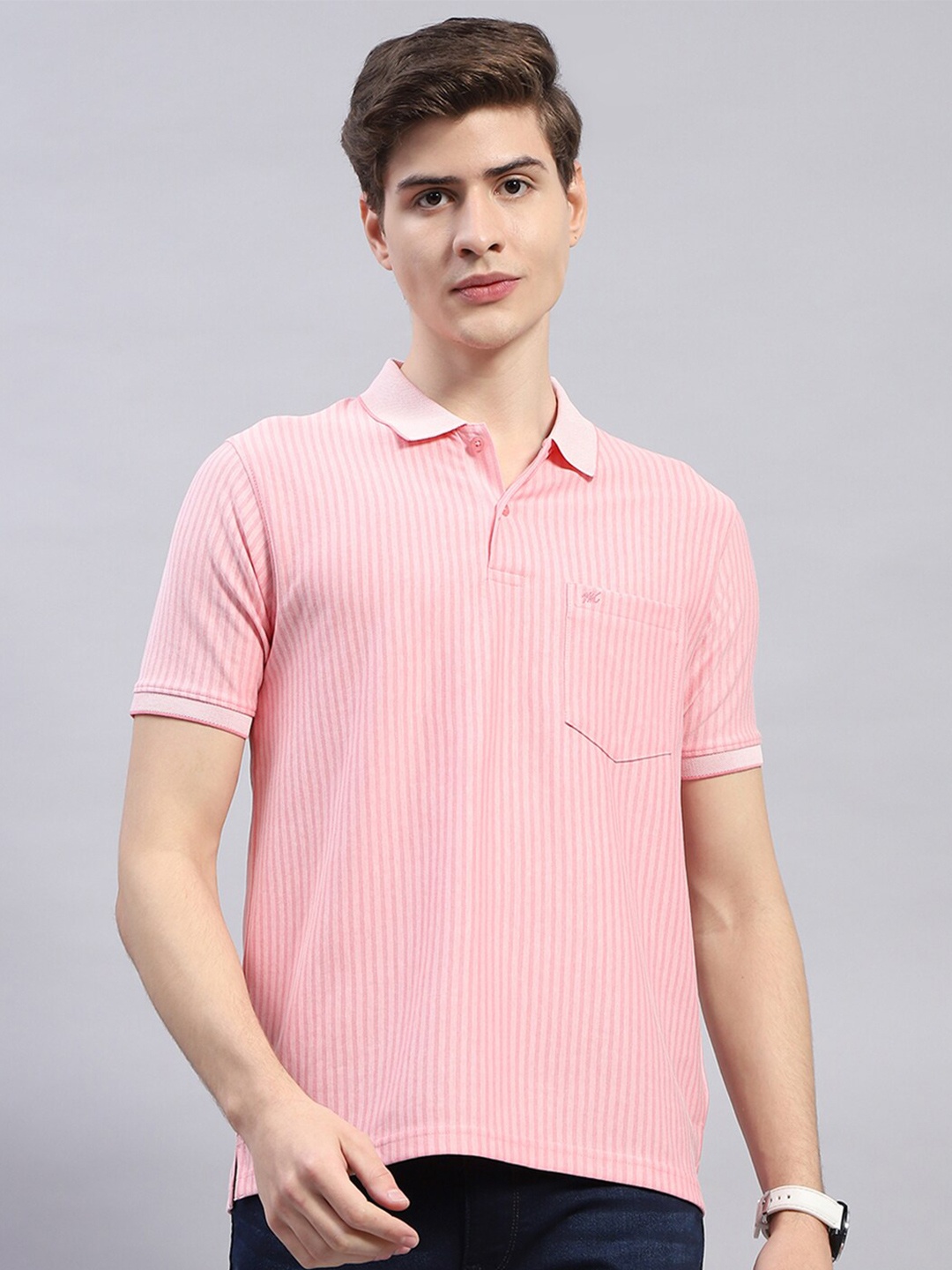 

Monte Carlo Striped Polo Collar T-shirt, Pink