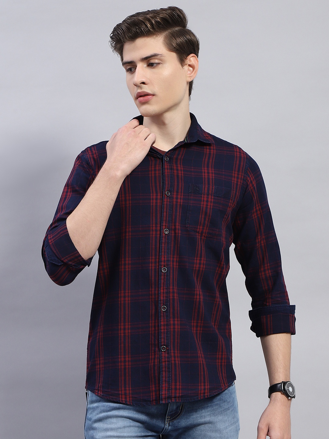 

Monte Carlo Classic Tartan Checked Pure Cotton Casual Shirt, Maroon
