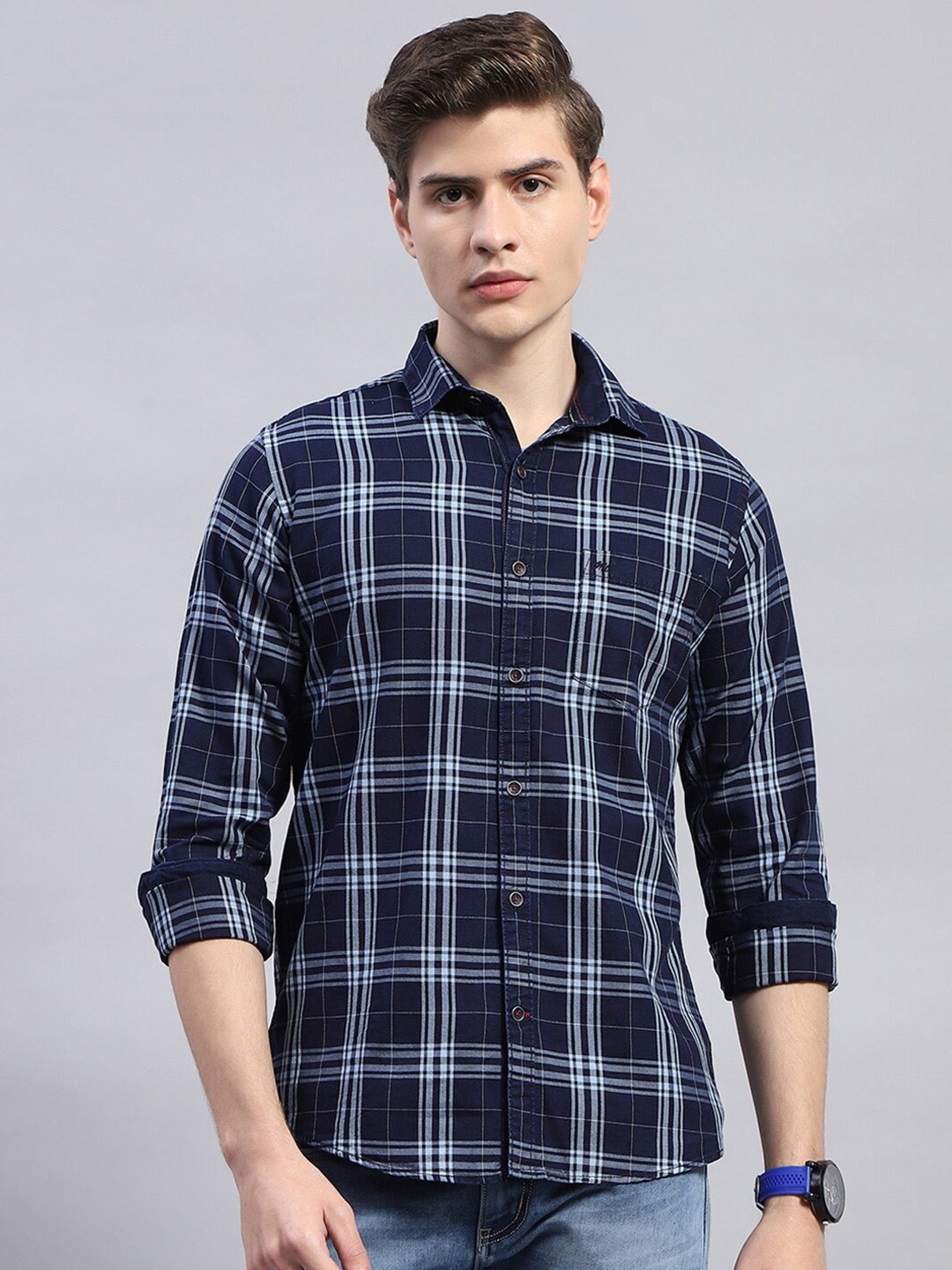 

Monte Carlo Classic Tartan Checked Cutaway Collar Cotton Casual Shirt, Navy blue
