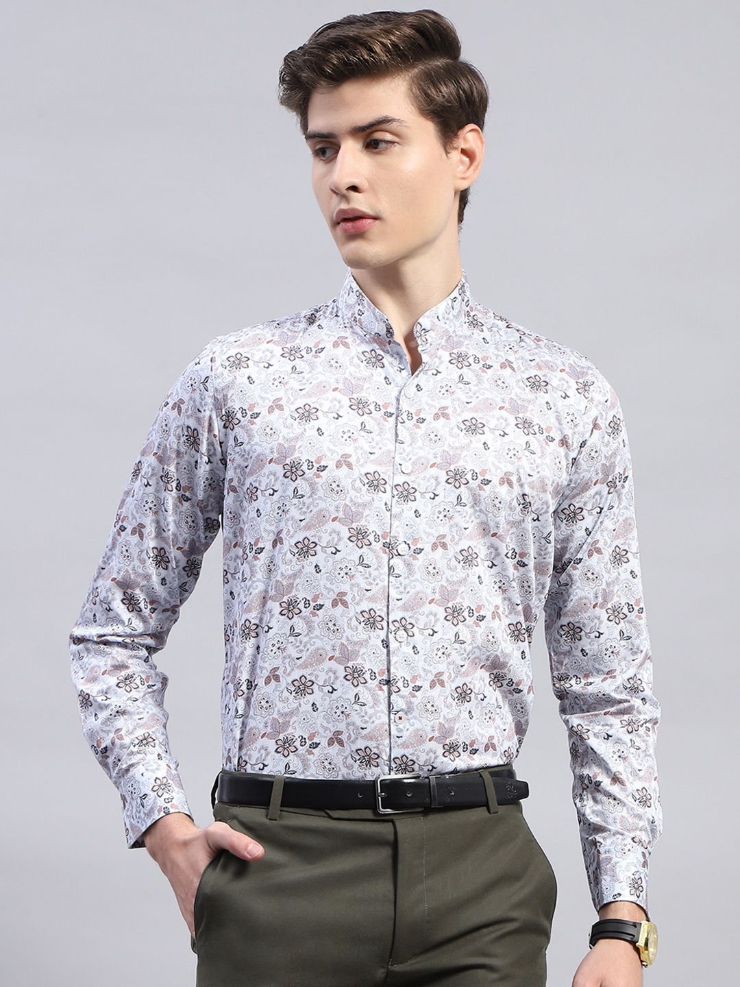 

Monte Carlo Classic Floral Printed Band Collar Pure Cotton Casual Shirt, Grey