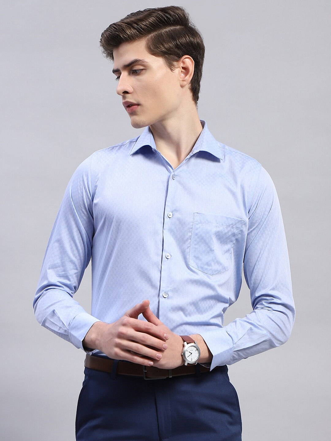 

Monte Carlo Classic Self Design Cutaway Collar Cotton Casual Shirt, Blue