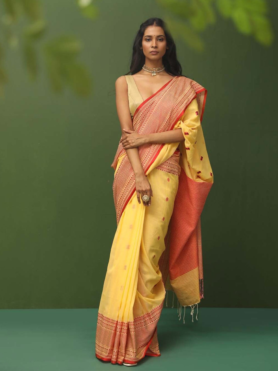 

Indethnic Ethnic Motifs Woven Design Zari Pure Cotton Jamdani Saree, Yellow