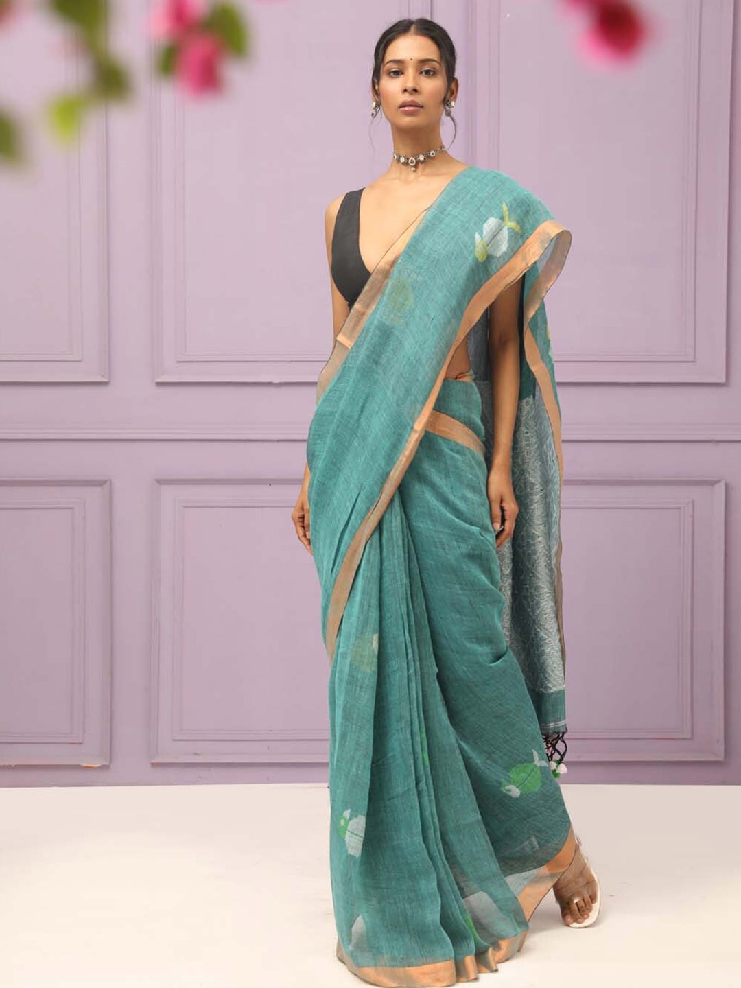 

Indethnic Geometric Printed Zari Pure Linen Jamdani Saree, Teal