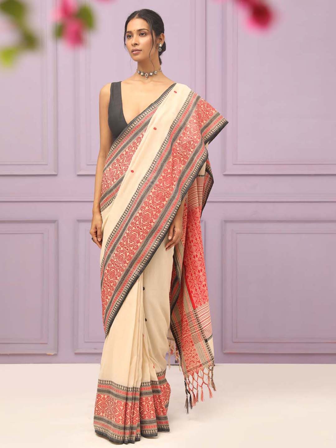 

Indethnic Woven Design Pure Cotton Jamdani Saree, White