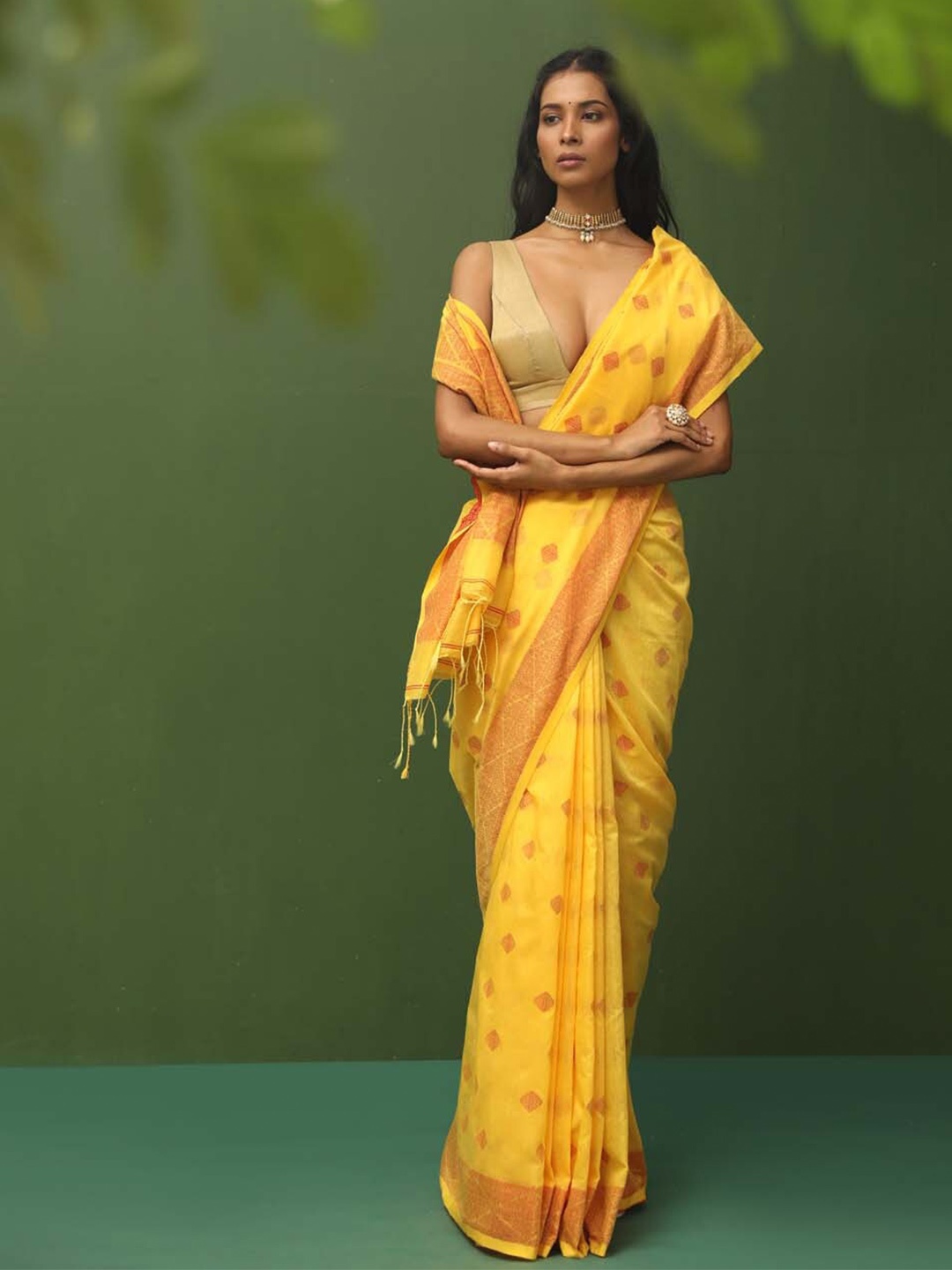 

Indethnic Ethnic Motifs Woven Design Zari Jamdani Saree, Yellow