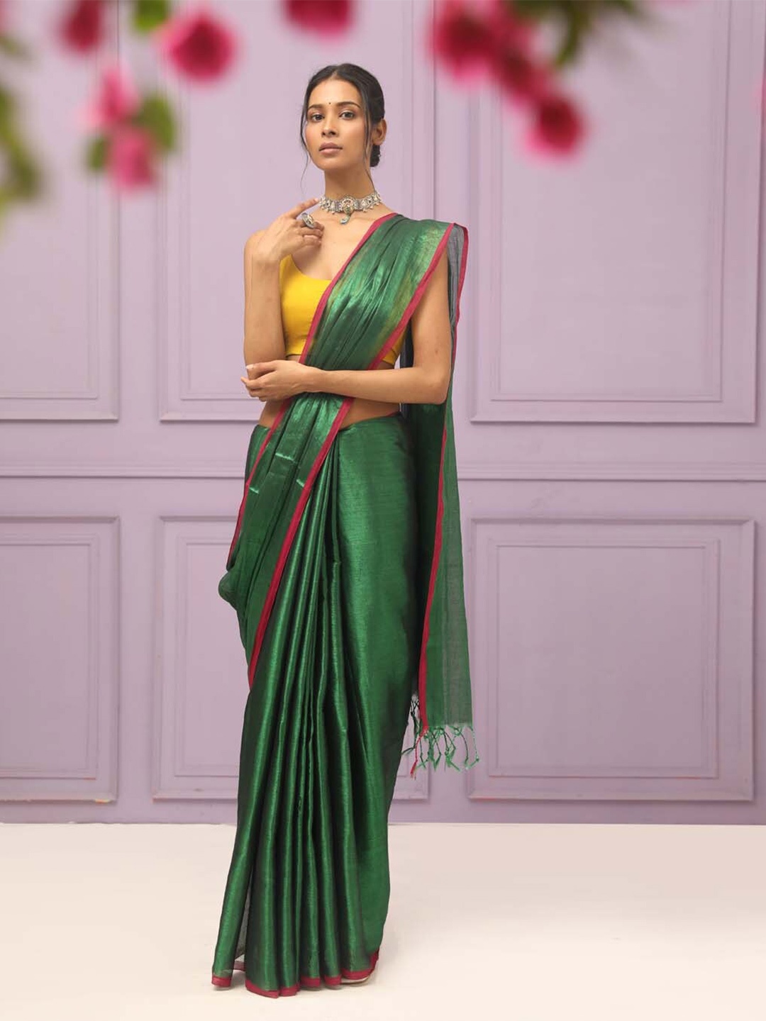 

Indethnic Tasselled Saree, Green