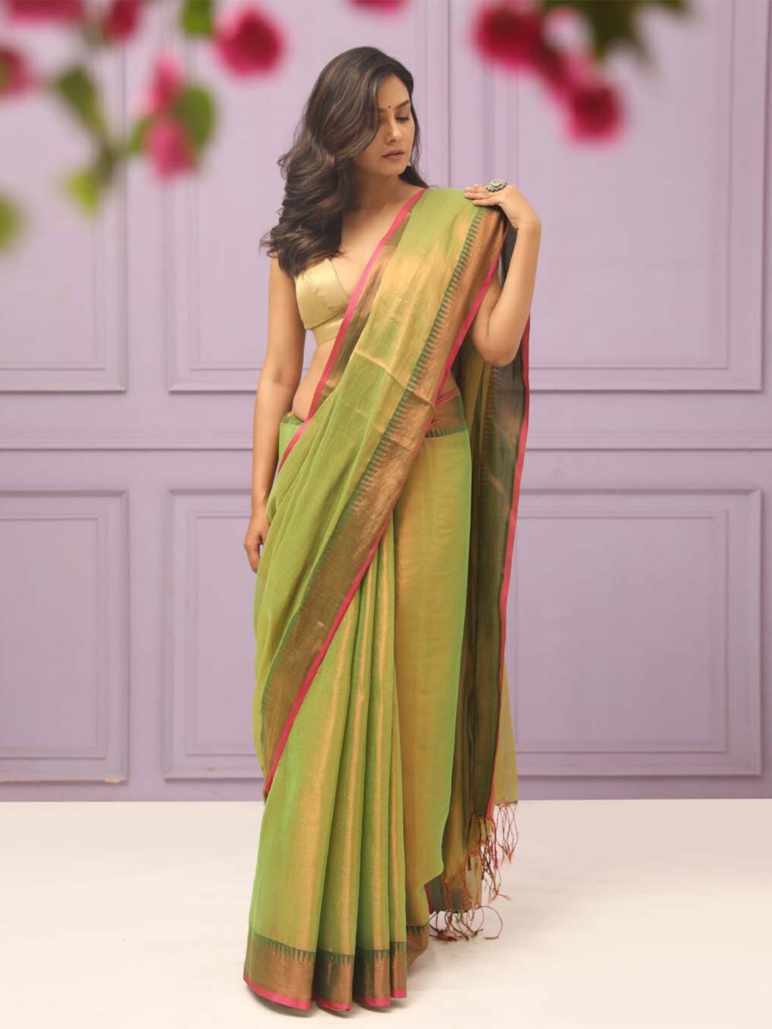 

Indethnic Zari Bordered Saree, Green