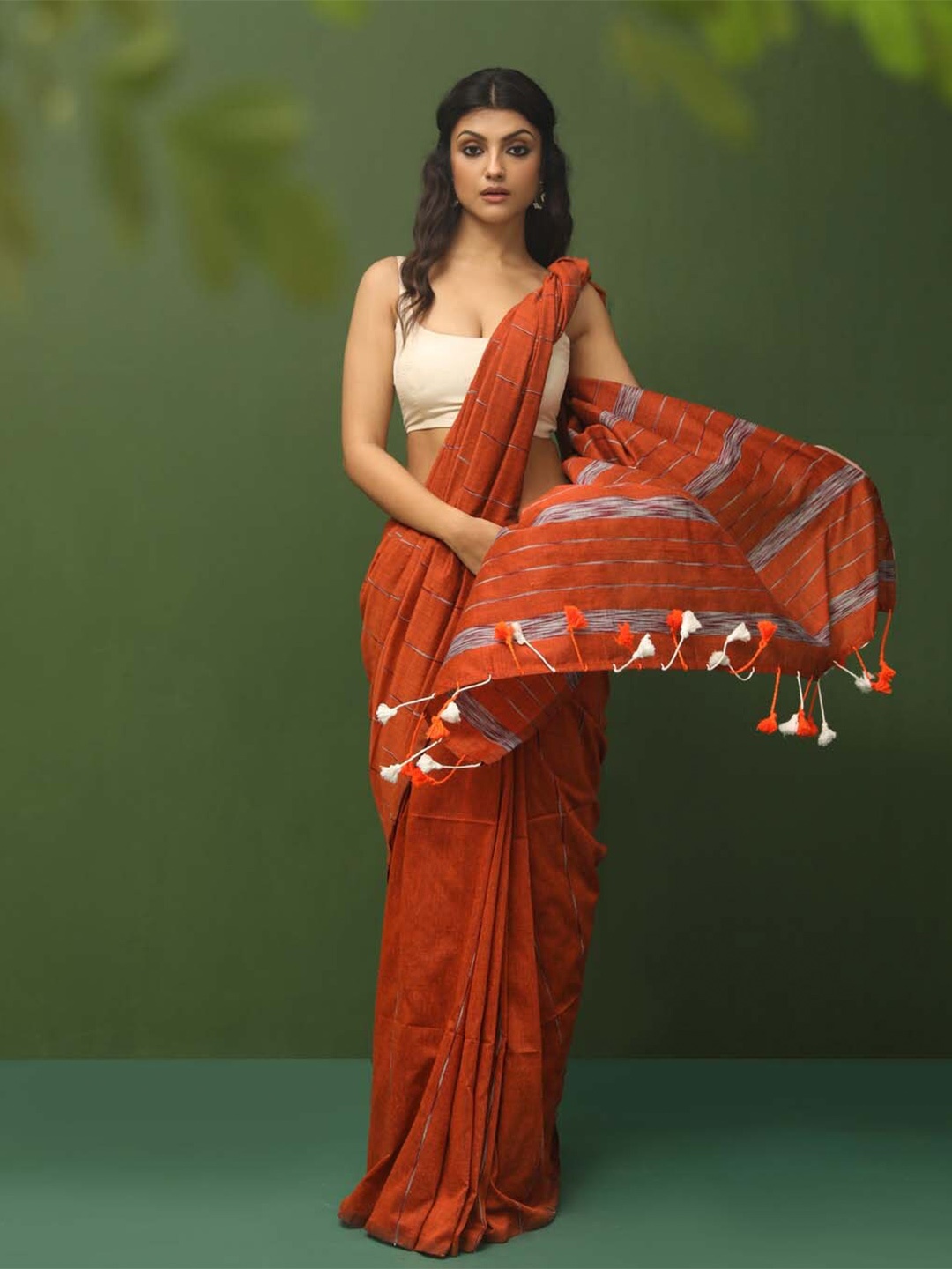 

Indethnic Striped Saree, Rust