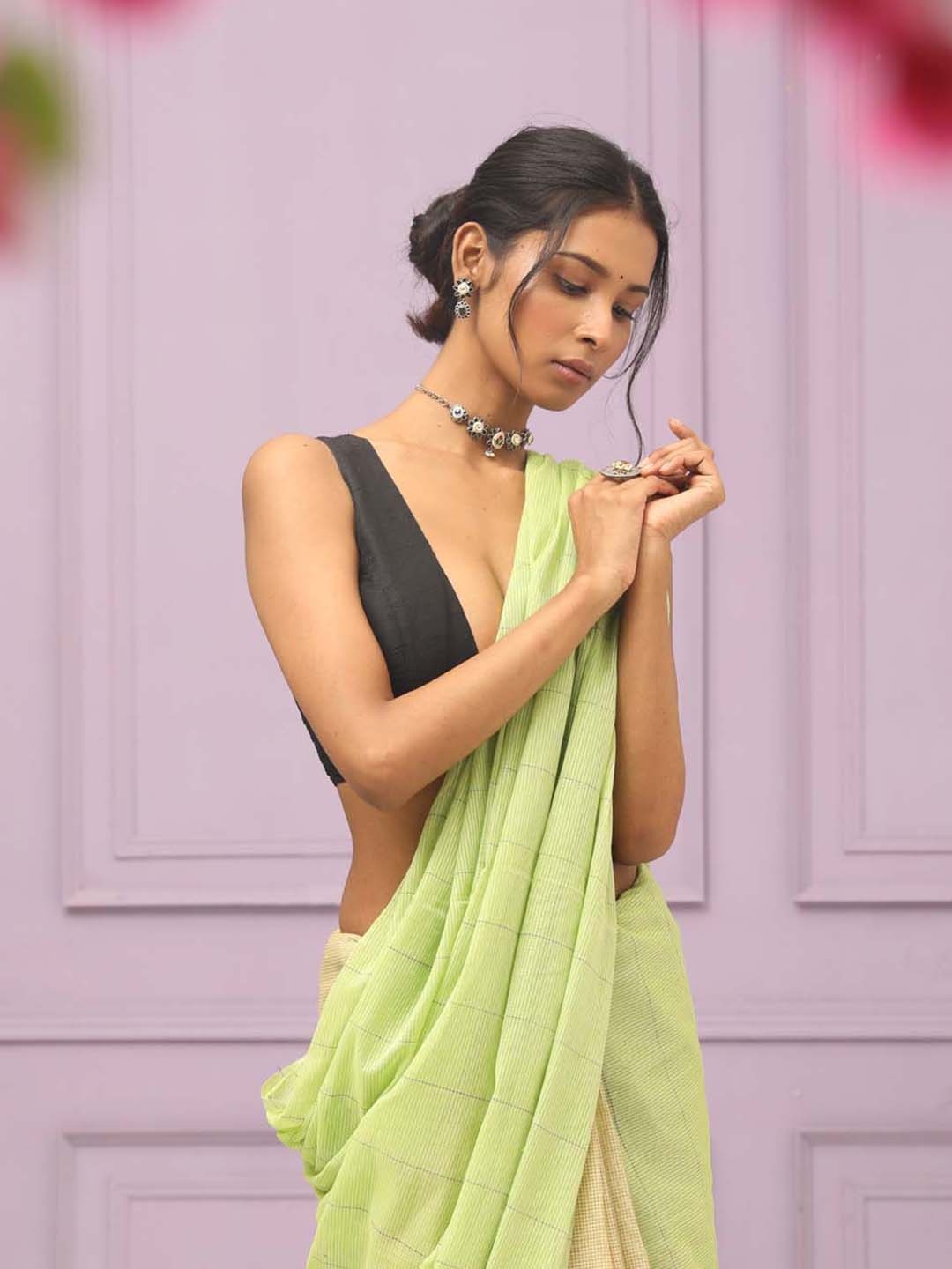 

Indethnic Striped Pure Cotton Saree, Green
