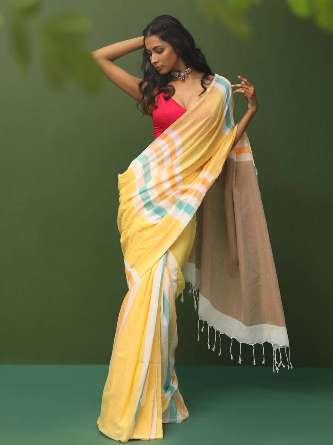 

Indethnic Striped Pure Cotton Saree, Yellow