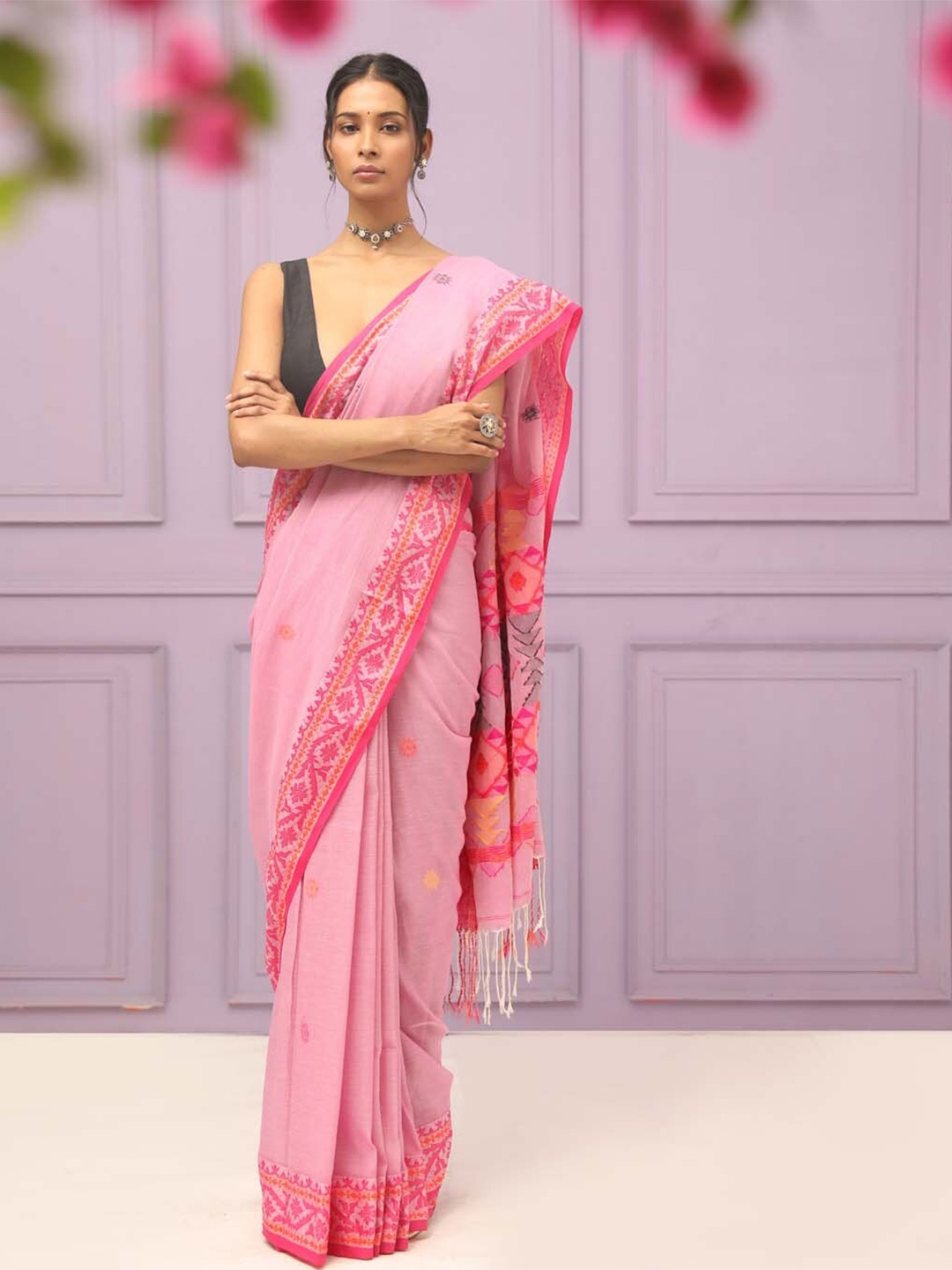 

Indethnic Ethnic Motifs Woven Design Pure Cotton Jamdani Saree, Pink