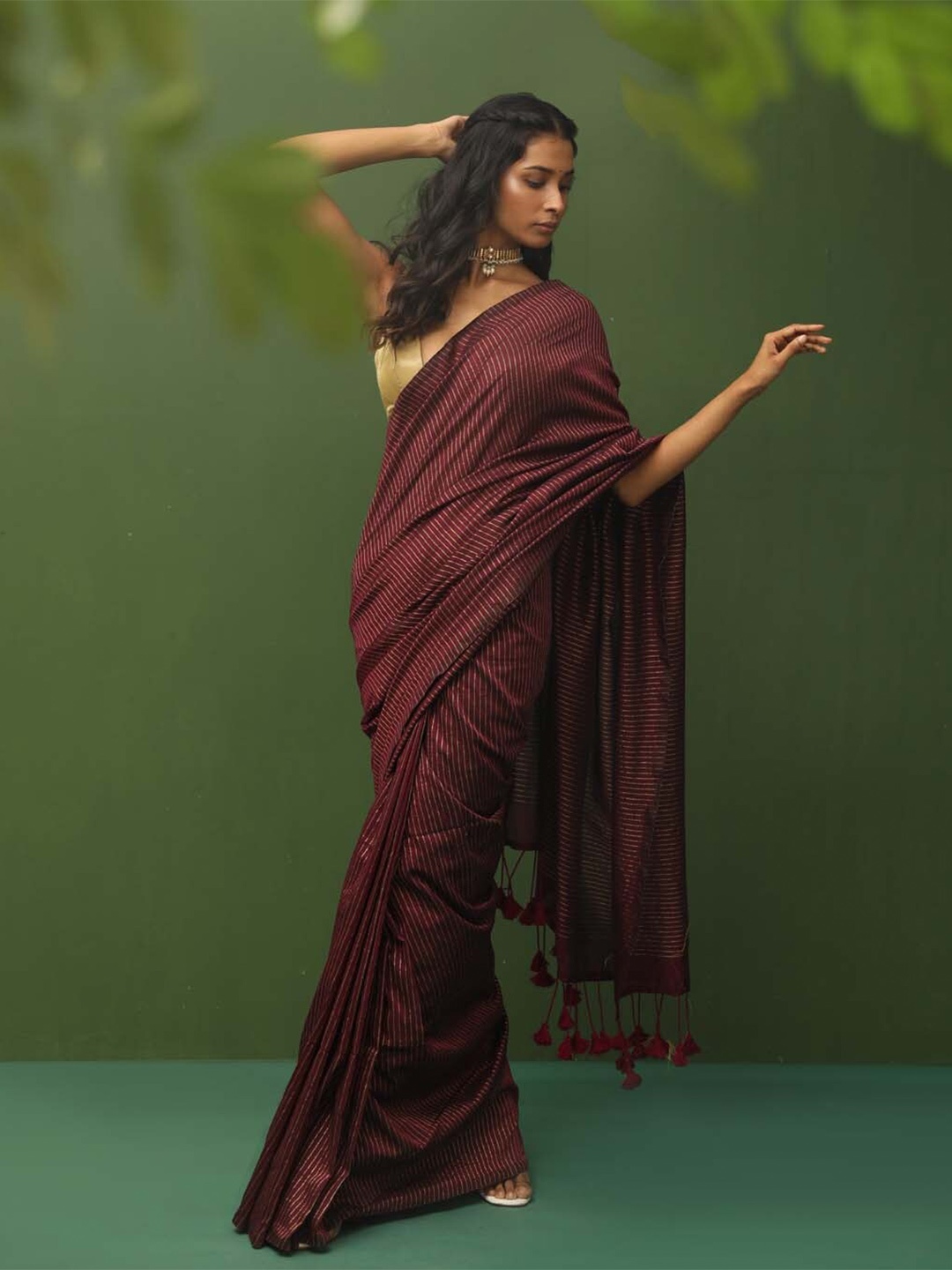 

Indethnic Striped Tasseled Ethnic Saree, Maroon