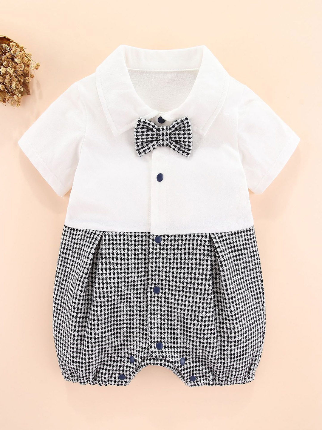 

StyleCast Boys Houndstooth Woven Design Romper With Waistcoat & A Bow Tie, White