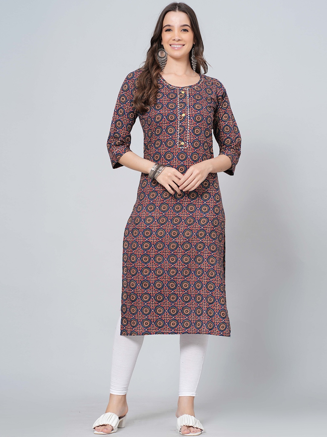 

JAHIDA COMFORT WITH STYLE Ethnic Motifs Printed Straight Pure Cotton Straight Kurta, Brown