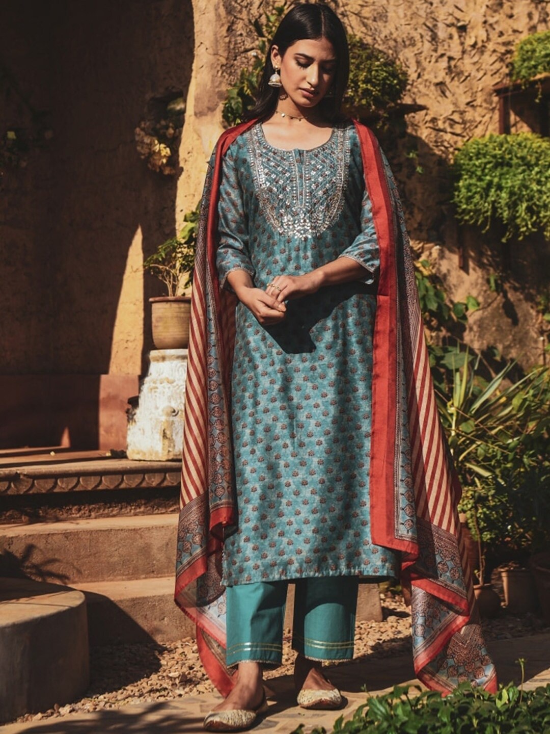 

KALINI Ethnic Motifs Embroidered Thread Work Organza Kurta With Trousers & Dupatta, Turquoise blue