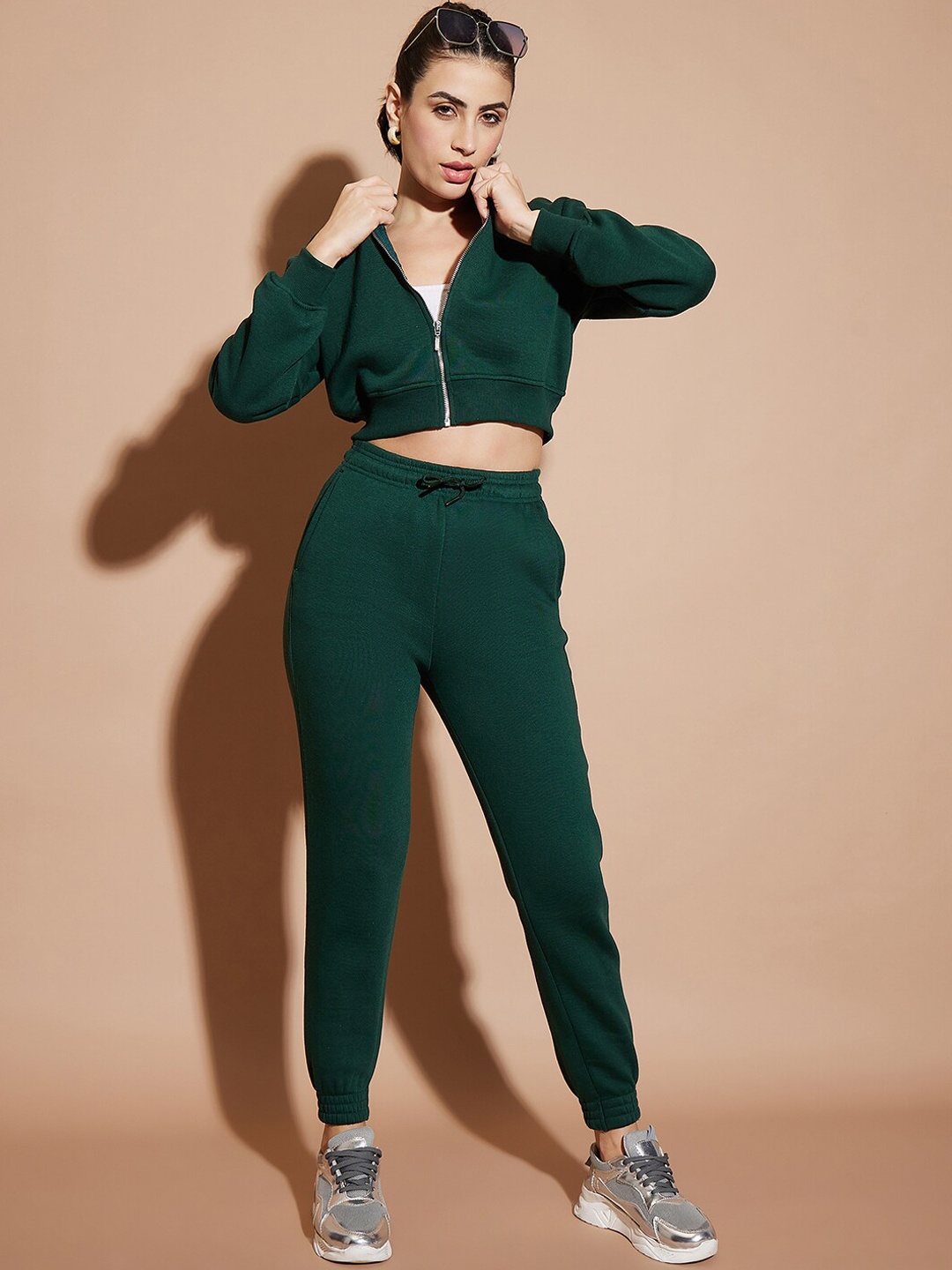 

Nun Crop Hooded Front-Open Sweatshirt & Jogger Co-Ords, Green