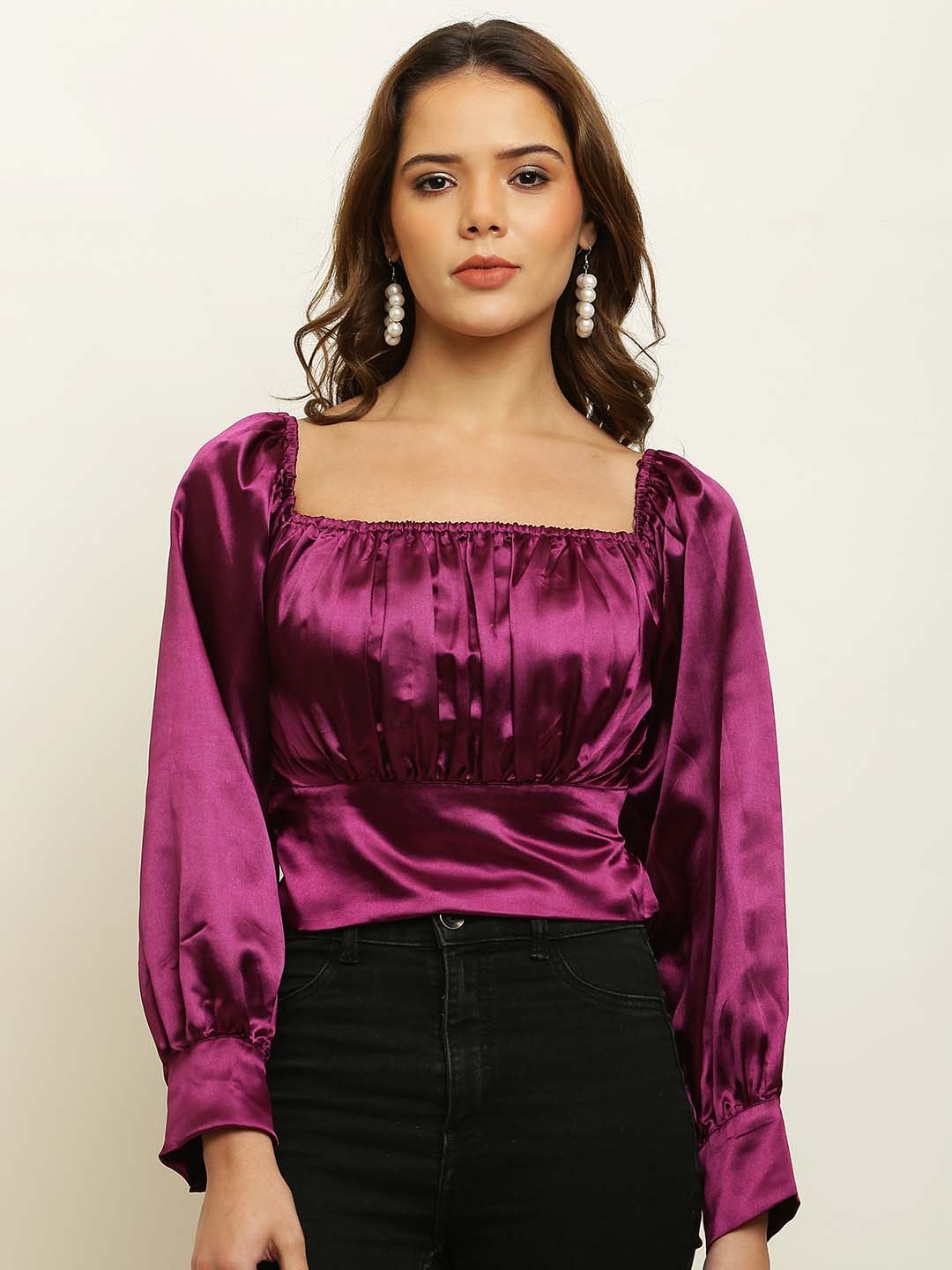 

ADDICTED ATTIRE Square Neck Puff Sleeves Gathered Detailed Satin Crop Top, Burgundy