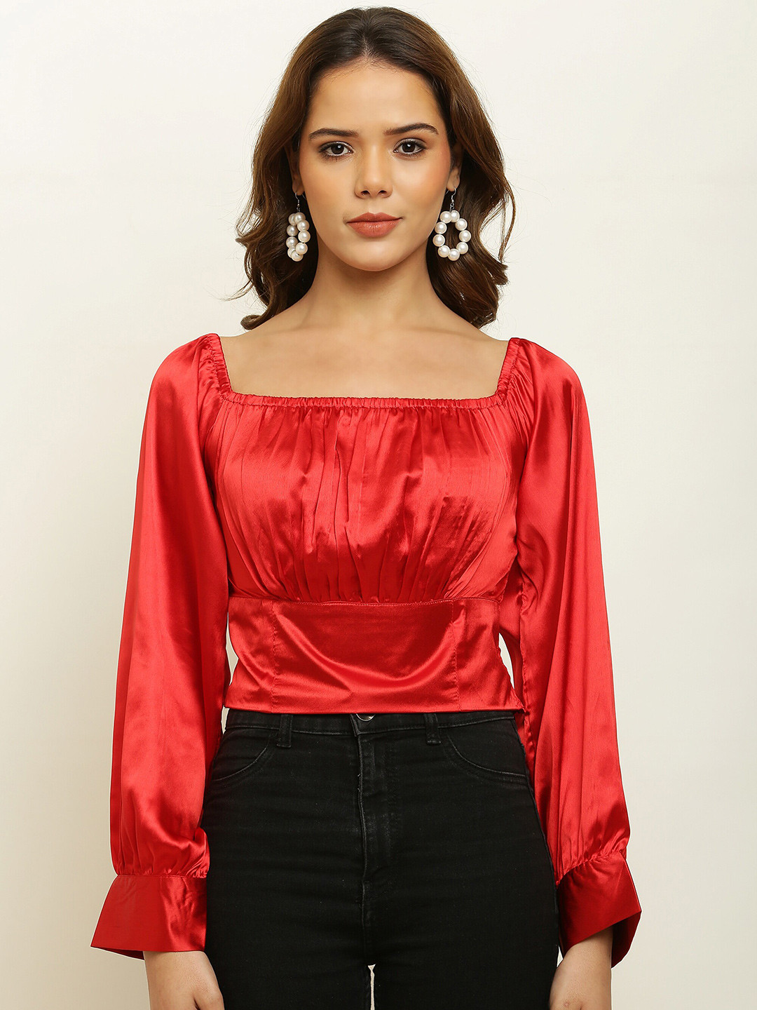 

ADDICTED ATTIRE Square Neck Cuffed Sleeves Gathered Detailed Satin Fitted Crop Top, Red