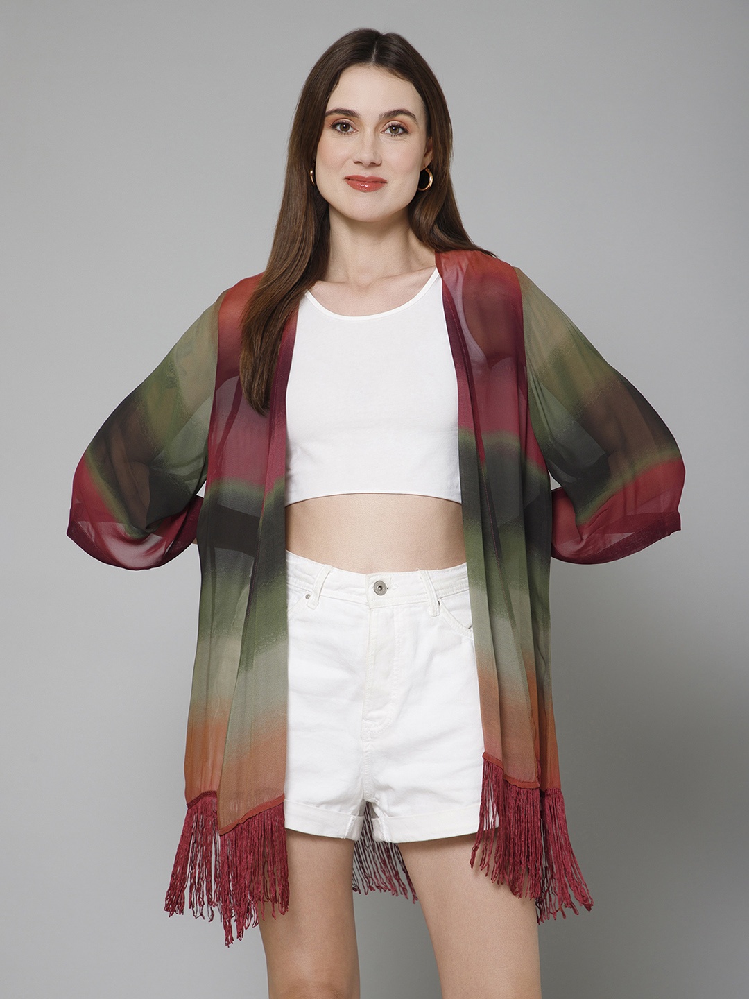 

PURYS Women Colourblocked Tasselled Longline Shrug, Purple