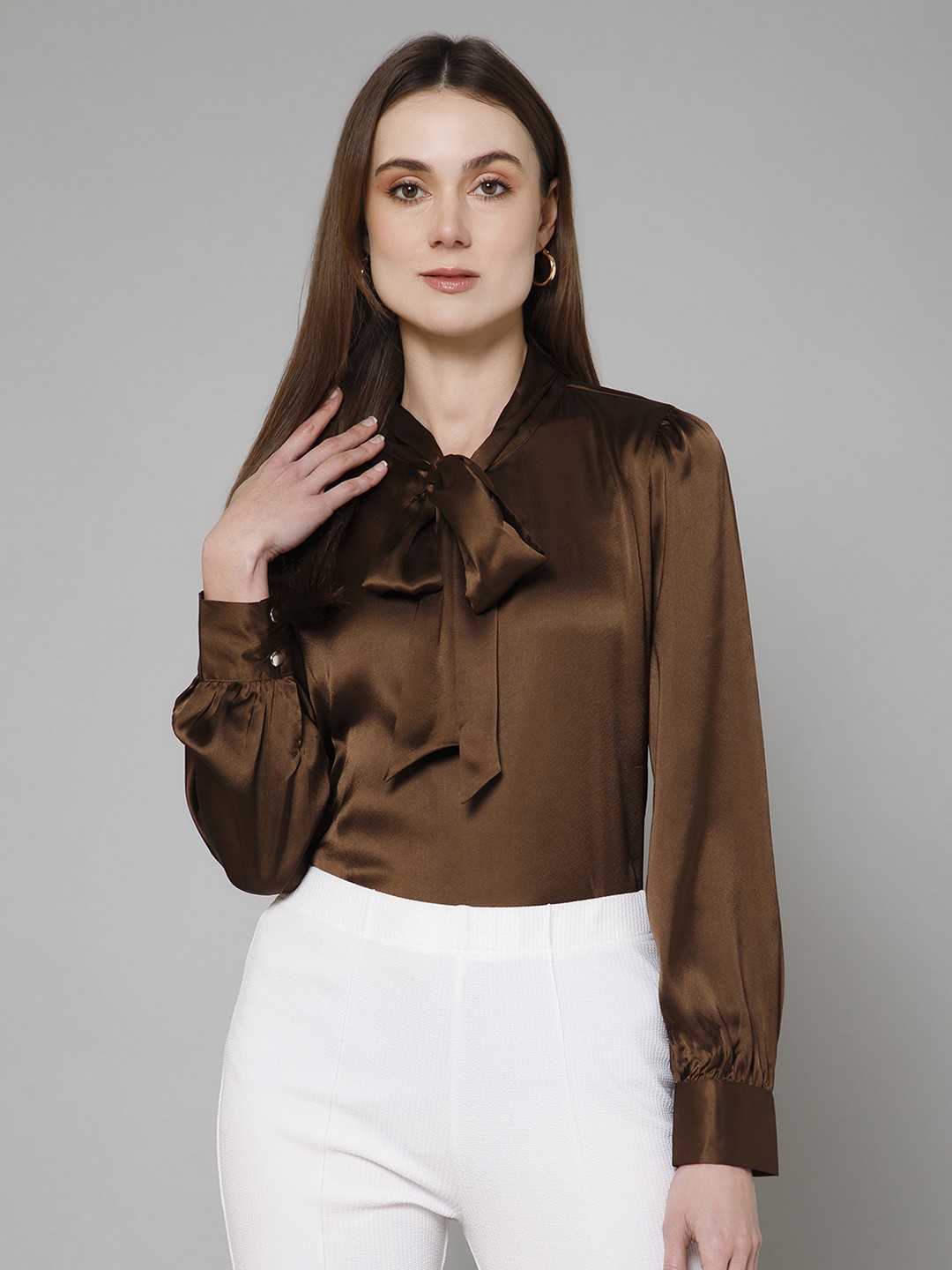 

PURYS Tie-Up Neck Cuffed Sleeves Satin Shirt Style Top, Brown