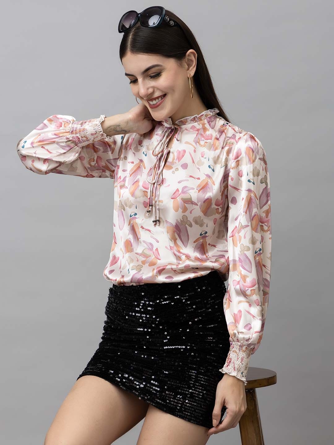 

PURYS Floral Printed Satin Top, Off white