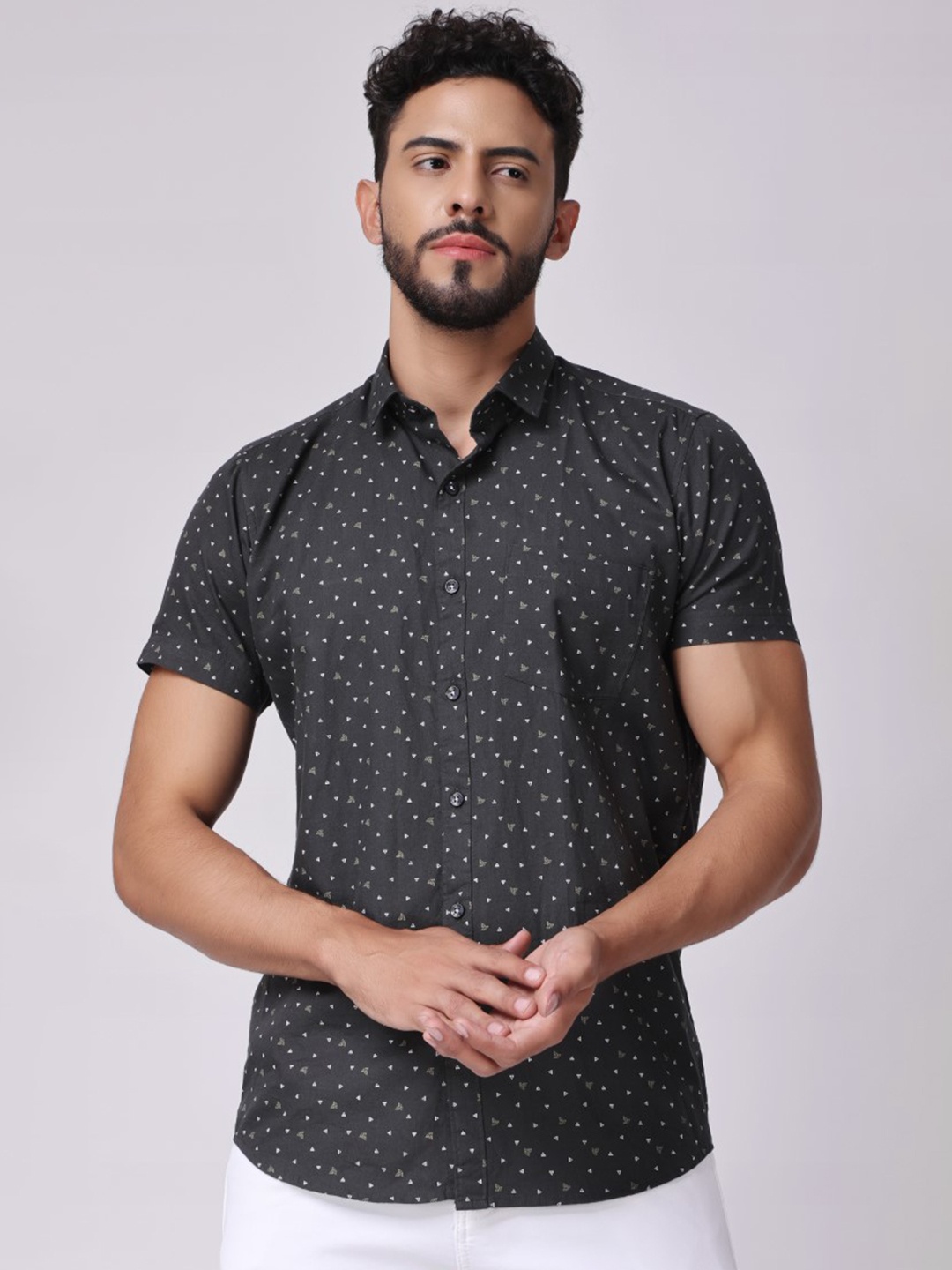 

Stylox Slim Fit Micro Ditsy Printed Cotton Casual Shirt, Grey