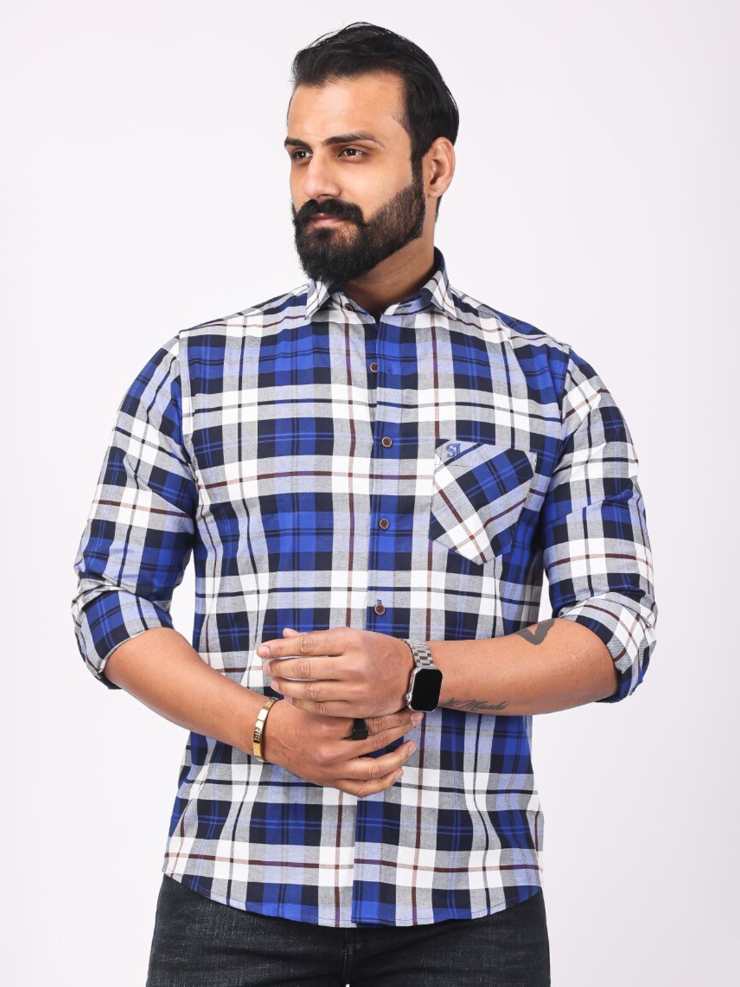 

Stylox Slim Fit Tartan Checked Cotton Casual Shirt, Blue